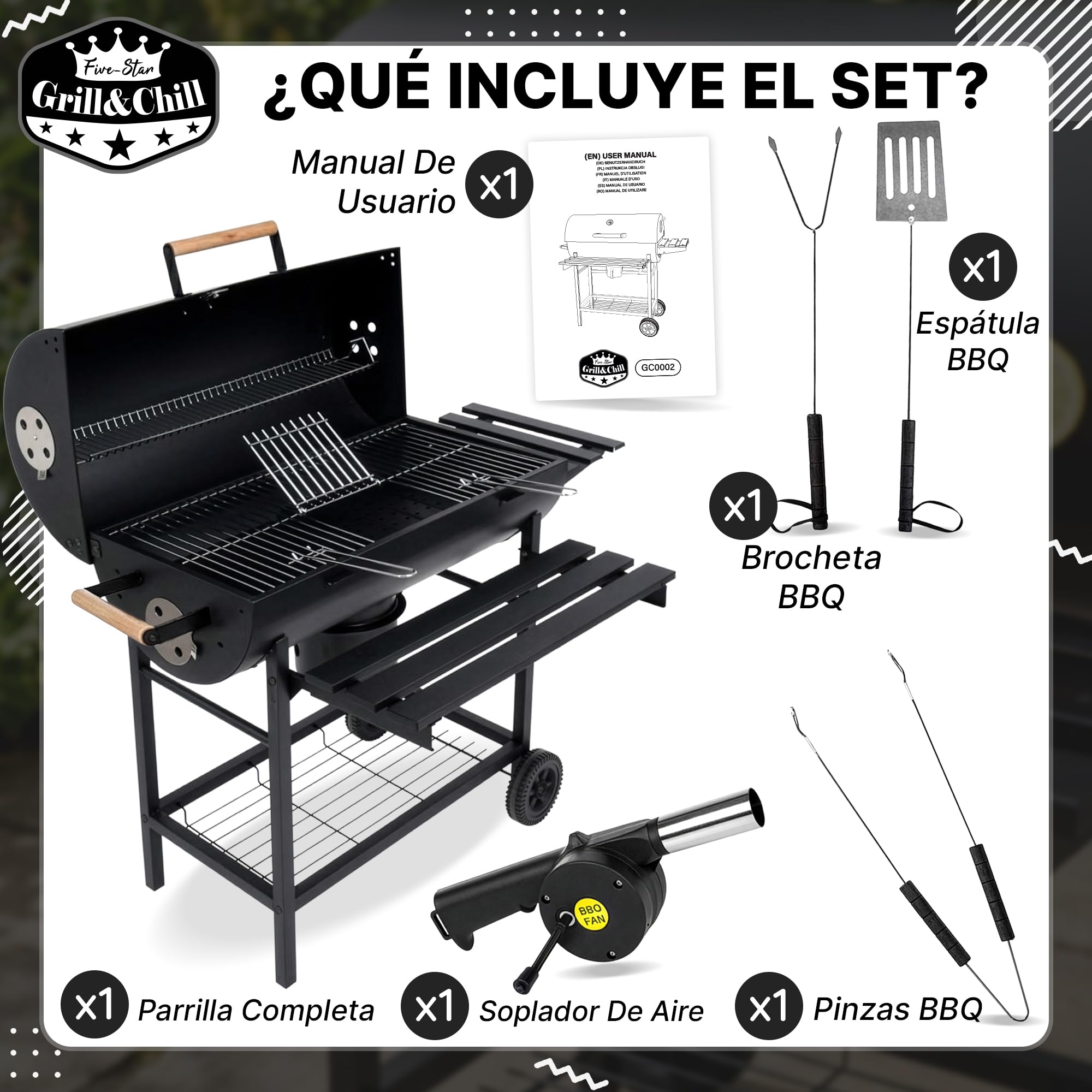Five-Star Grill&Chill Barbacoa Carbon - para Jardín Exterior BBQ con 2 Estante Plegable, parrilla cromada 71×35 cm, GC0002