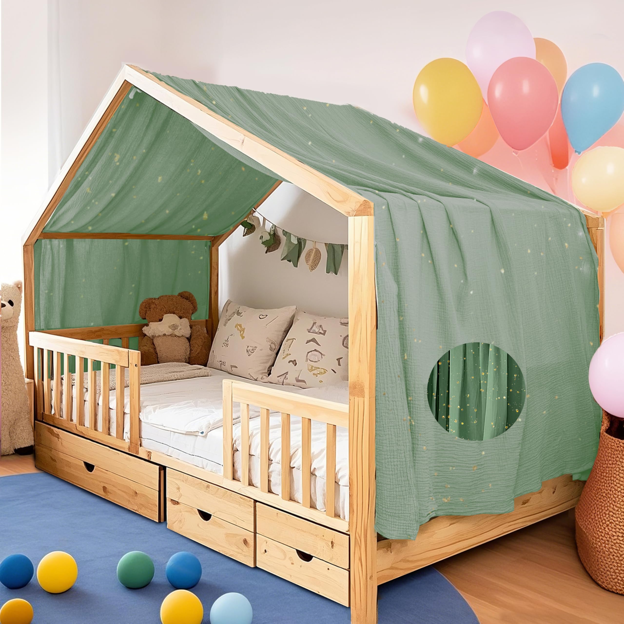 Home Housse de couette avec application dorée, fabriquée à la main en mousseline 100 % coton, ciel de lit pour décoration de lit, convient pour filles et garçons (eucalyptus, 132 x 420 cm)