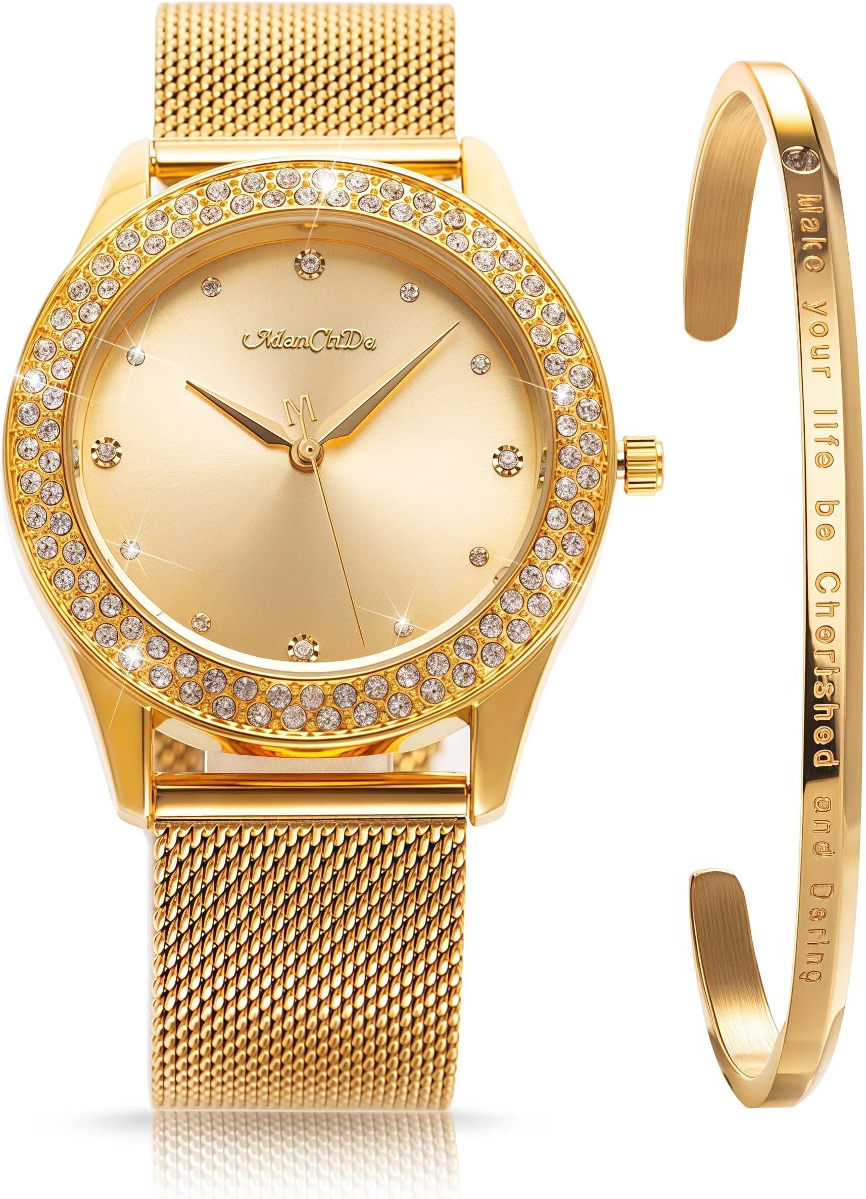 Womens Wrist Watch Crystal Case Mesh Stainless Steel Band Bling Ladies Watches Analog Quartz Diamond Classic Fashion Romantic + Jewelry Cuff Bracelet Set Slim Thin Casual Glitter Gold