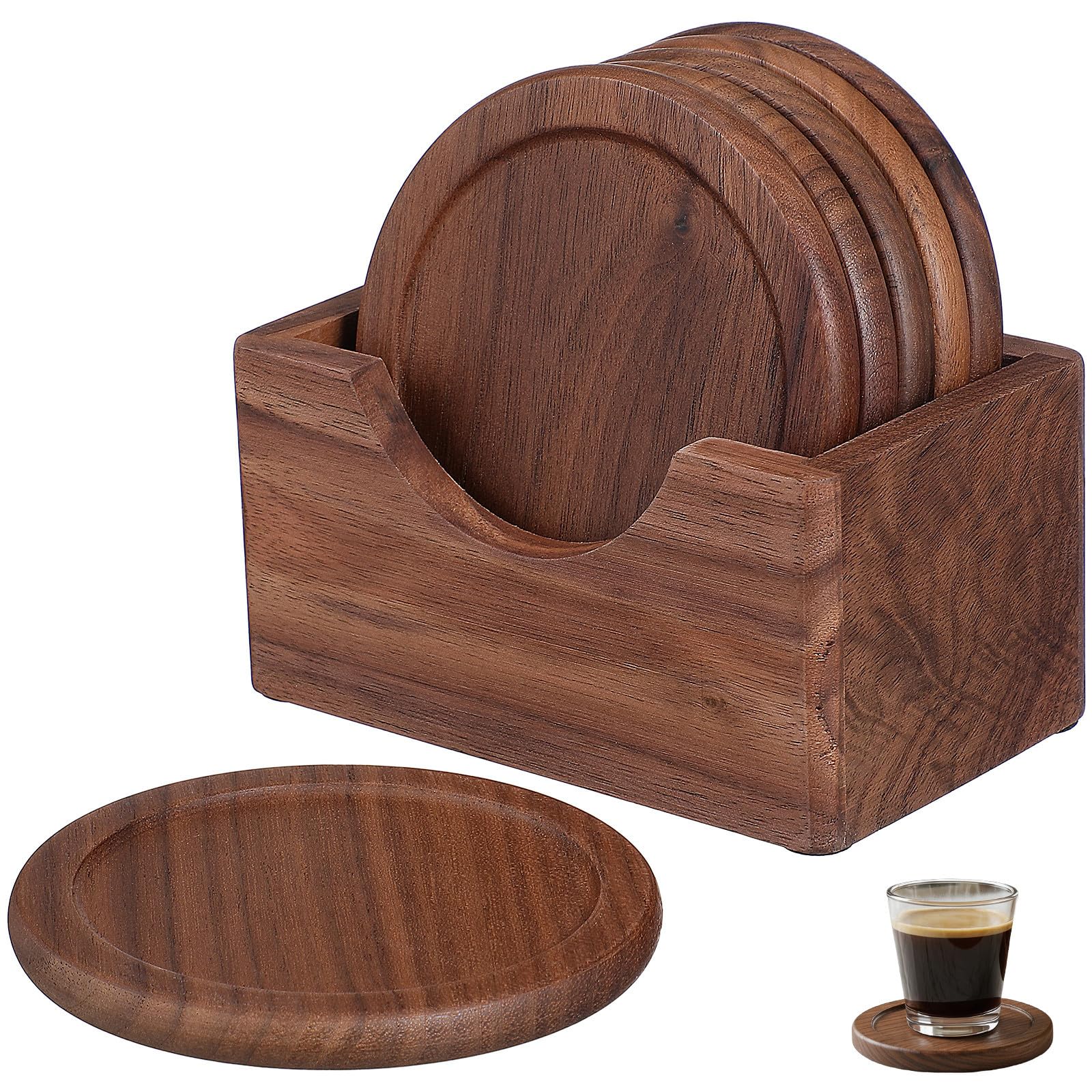 Juego 6 Posavasos Madera Nogal Negro, Redondos, Aislamiento Térmico