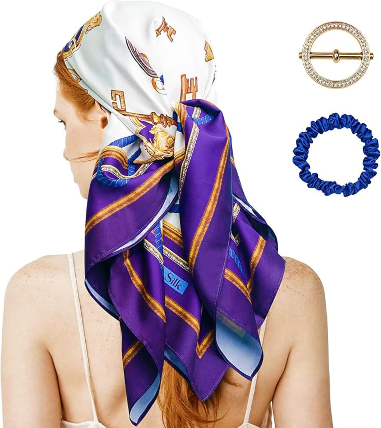 Silk Scarf for Women Elegantly Designed 35” Hair Scarf for Sleeping with Silk Scrunchie and Scarf Ring
