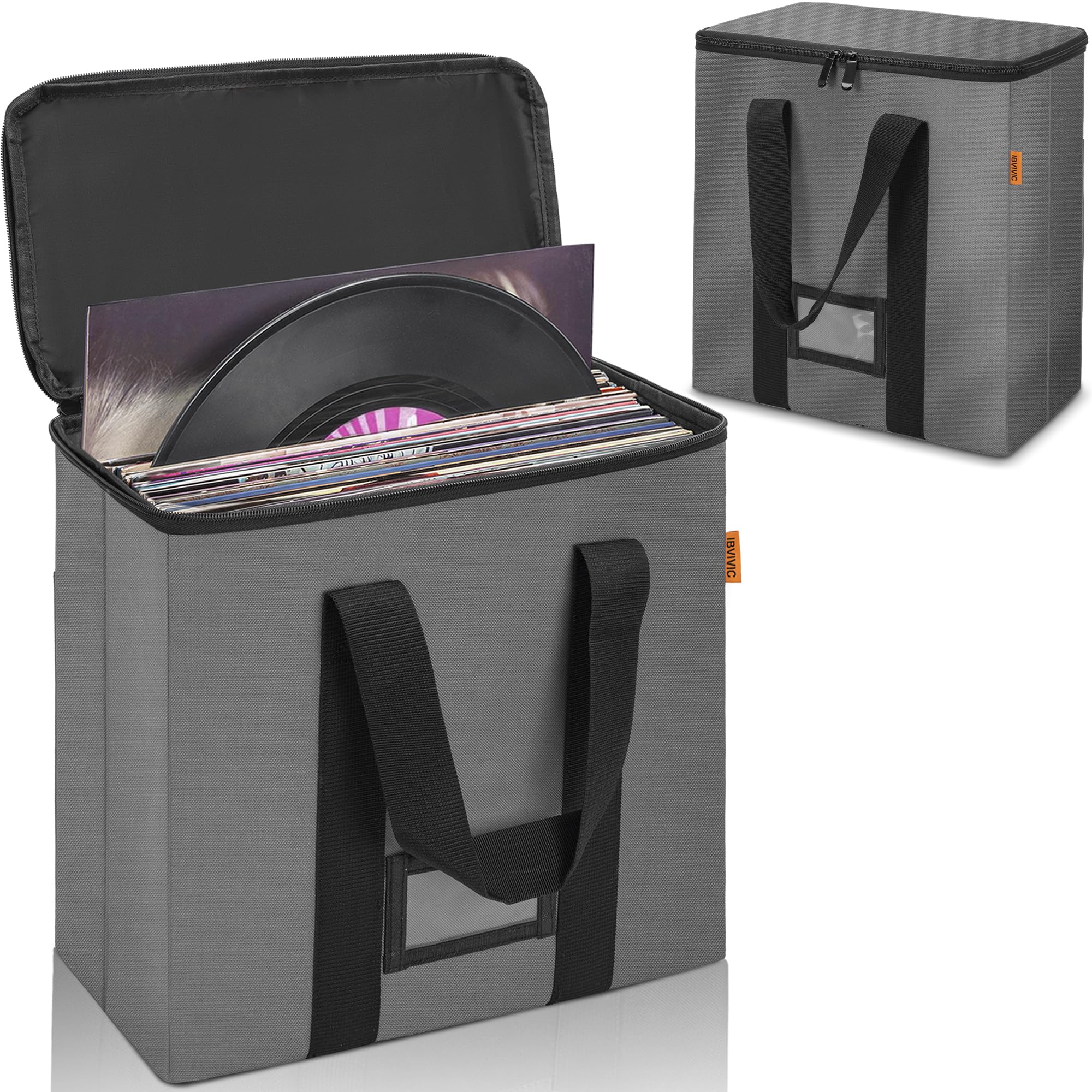 12-inch Vinyl Record Carrying Bag with Lids & Handles,Waterproof Vinyl Storage Case for Hold up to 50 Singles,Collapsible Portable Record Organizer for Albums, CDs, Passports, Files(Grey)