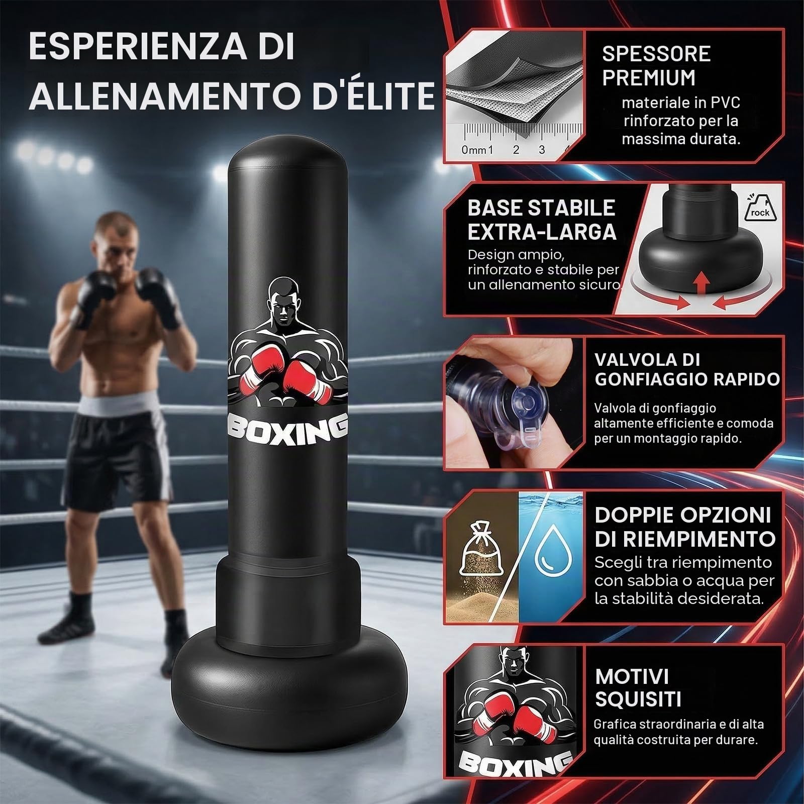 Sacco da Boxe Autoportante 180 cm, in PVC Rinforzato da 0.35mm Gonfiabile con Guantoni e Pompa Ideale per Adulti, Giovani, Arti Marziali, Fitness