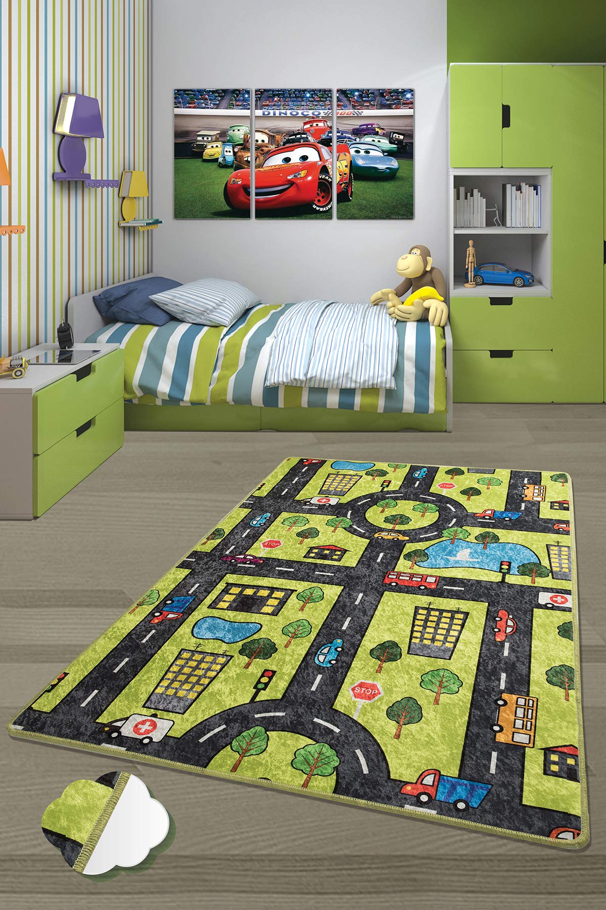 Tappeto per bambini e neonati – Diverse varianti di design, lavabile, antiscivolo, morbido, ideale per camerette e sale giochi, 100 x 160 cm, verde città.