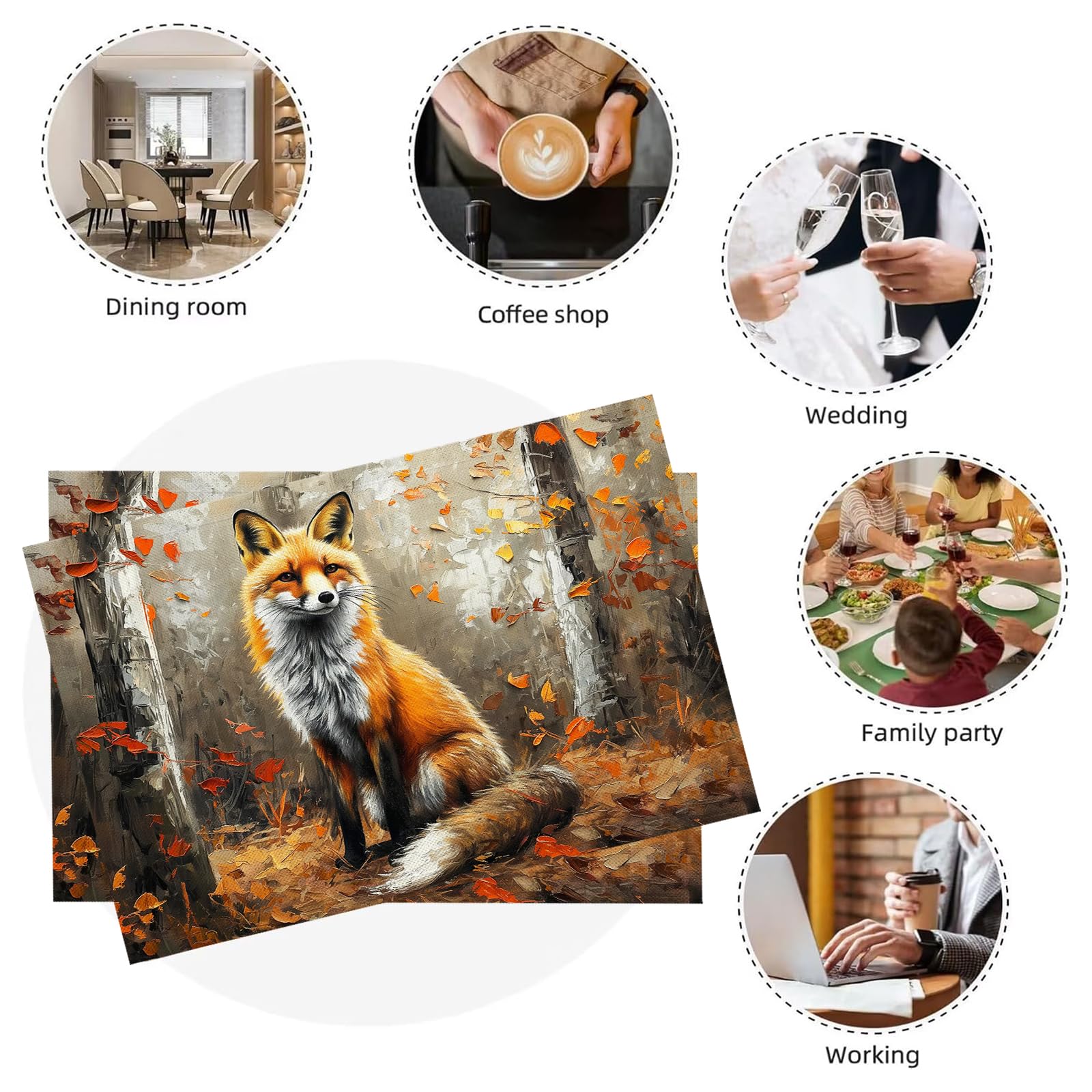 Set di 8 Tovagliette Americane Lavabili Cotone Lino Fumetto - Tovaglietta Americana Stoffa Resistenti al Calore Durevole Volpe della foresta- per Colazione Pranzo