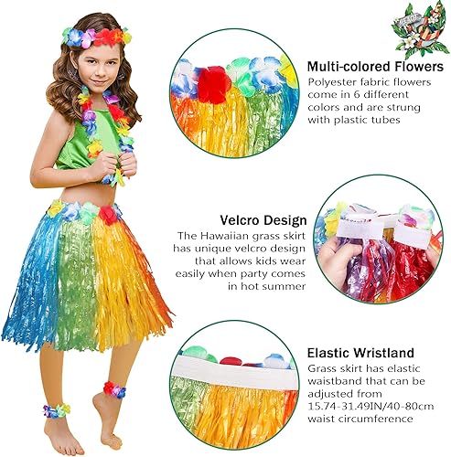 Miniatura 10 de Fortuning's JDS Falda hawaiana de hierba hula para niña, con flores elásticas a juego, juego de disfraz para fiesta de playa tropical Luau