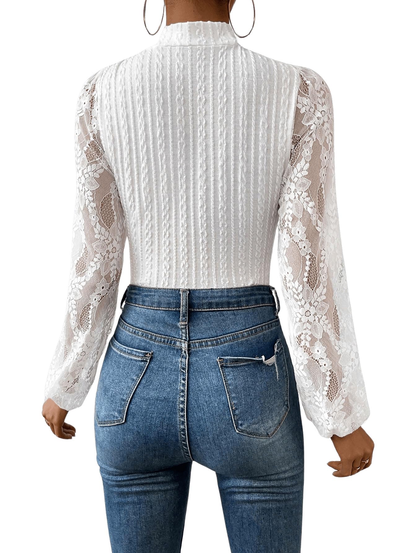 GORGLITTER Body de encaje para mujer, de manga larga, con cuello alto, blusa, body elegante, con encaje, Blanco, S