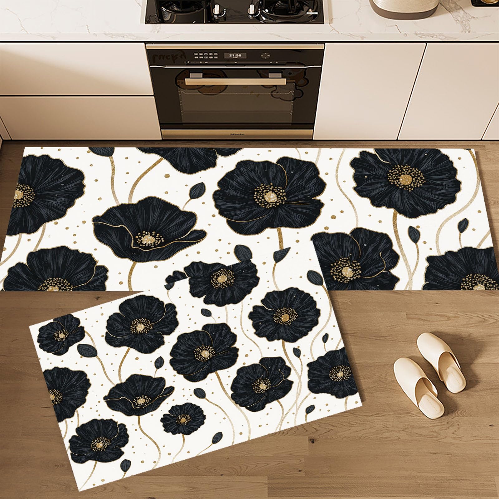 Juego de alfombras de cocina de lujo estilo amapola, tapetes elegantes lavables, 2 piezas