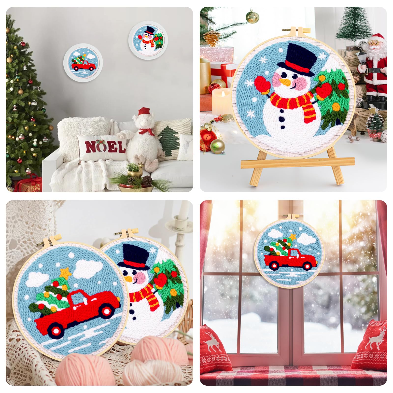Kit De Bordado Con Aguja Mágica (Punch Needle) Navideño Para Principiantes - Incluye 2 Diseños, Aros, Hilos Y Herramientas