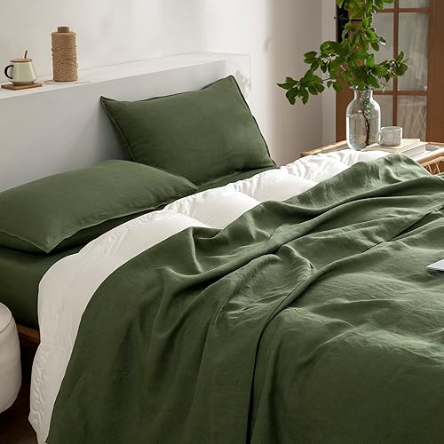 Miniatura 9 de EVERLY Juego de sábanas de lino tamaño Full, juego de sábanas de lino puro francés lavado a la piedra 100%, 4 piezas (1 sábana plana, 1 sábana