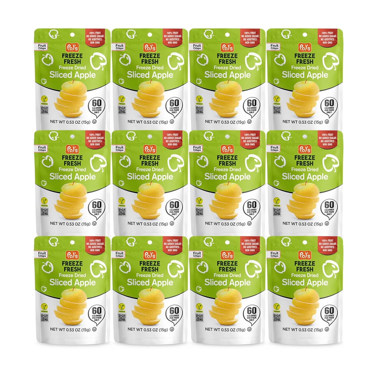 Pol’s Freeze Fresh - 12 Pack Freeze-Dried Sliced Apples (0.53 Oz Each), No Sugar, Non-GMO, Kosher, Vegan, Gluten-Free, Single-Serve Freeze-Dried Fruit