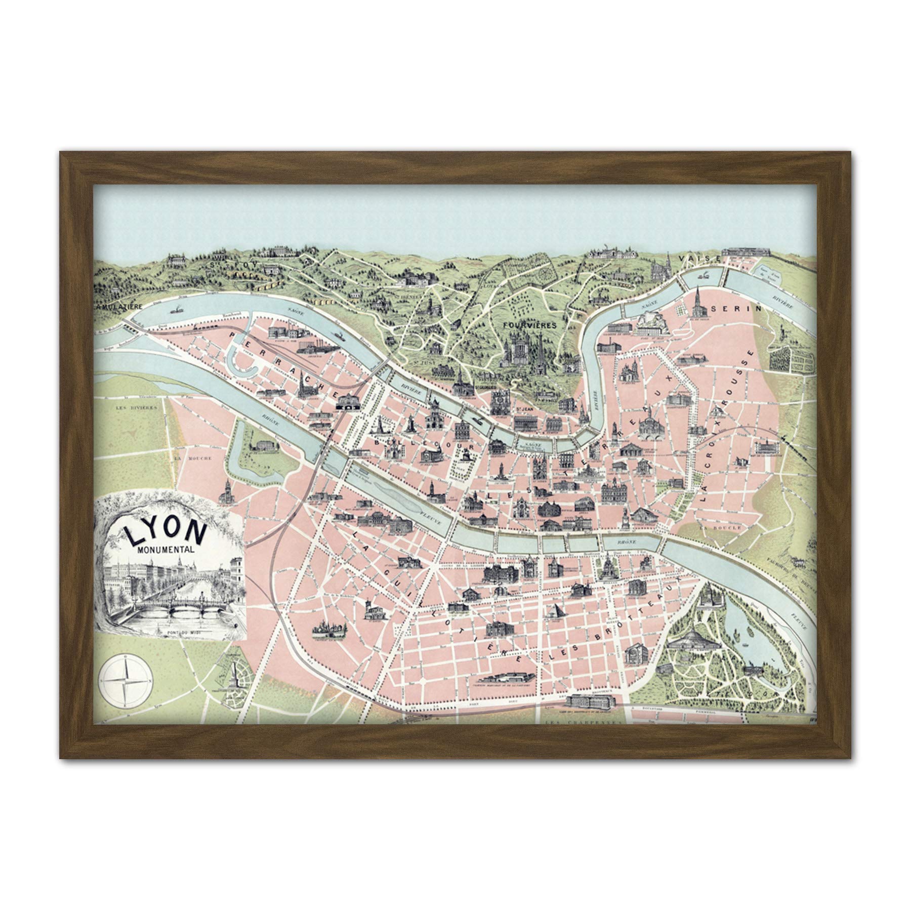 Artery8 Lyon City Monument Landmark Map France 1894 Artwork Framed Wall Art Print 18X24 Inch