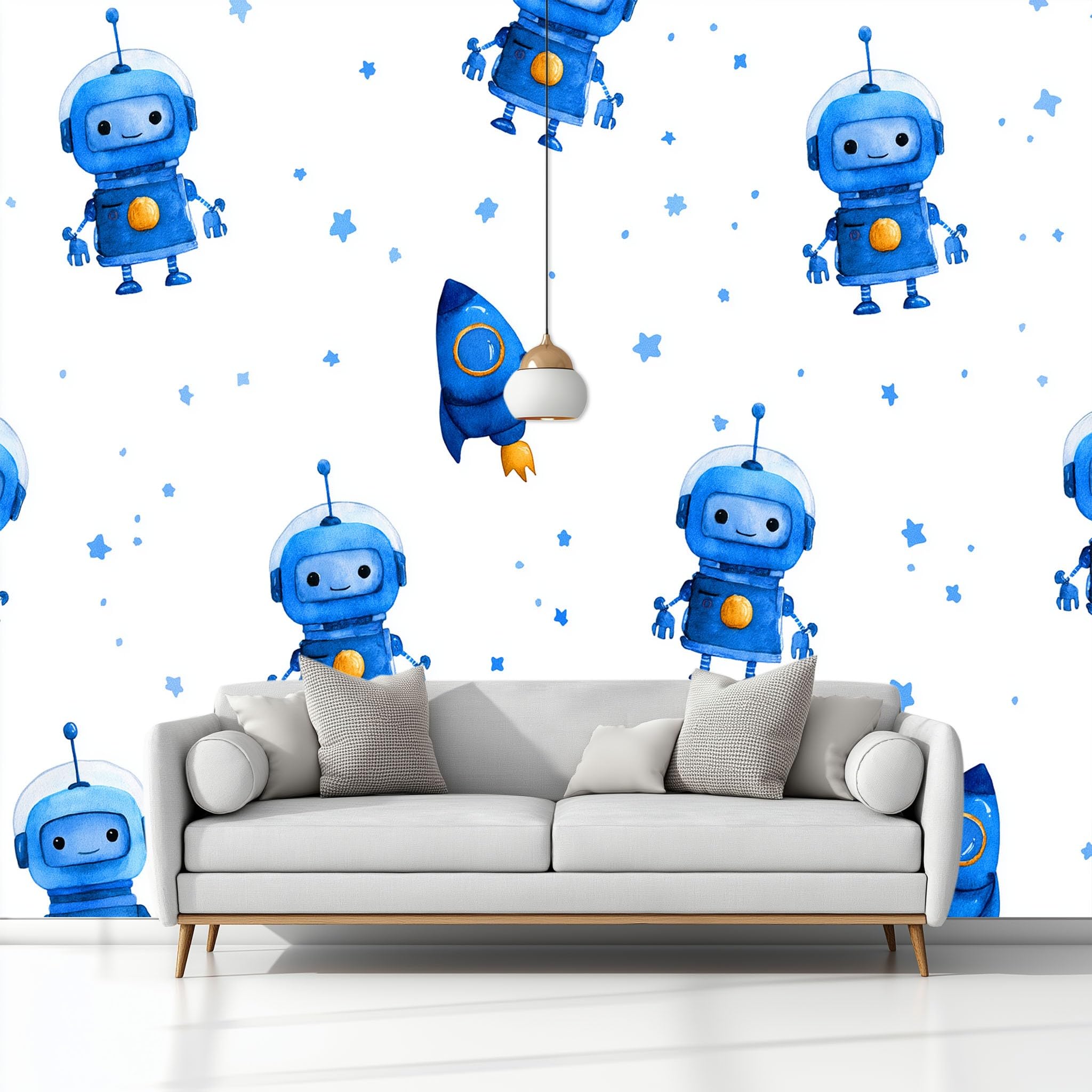 Fototapeta z włókniny, z kreskówki, robot kosmiczny, tapeta na fizelinie, biała, do salonu, sypialni, biura, korytarza, 350 x 256 cm, tapeta do pokoju dziecięcego, dla chłopców i dziewczynek