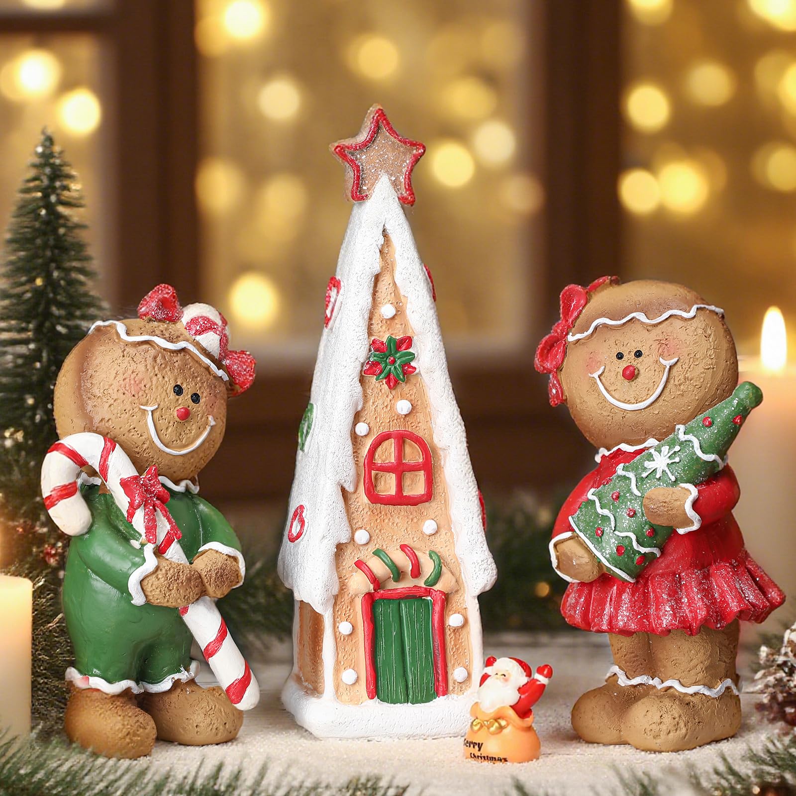VioraWhite 3 Pcs Christmas Gingerbread House Decor, 9.4" Resin Figurines