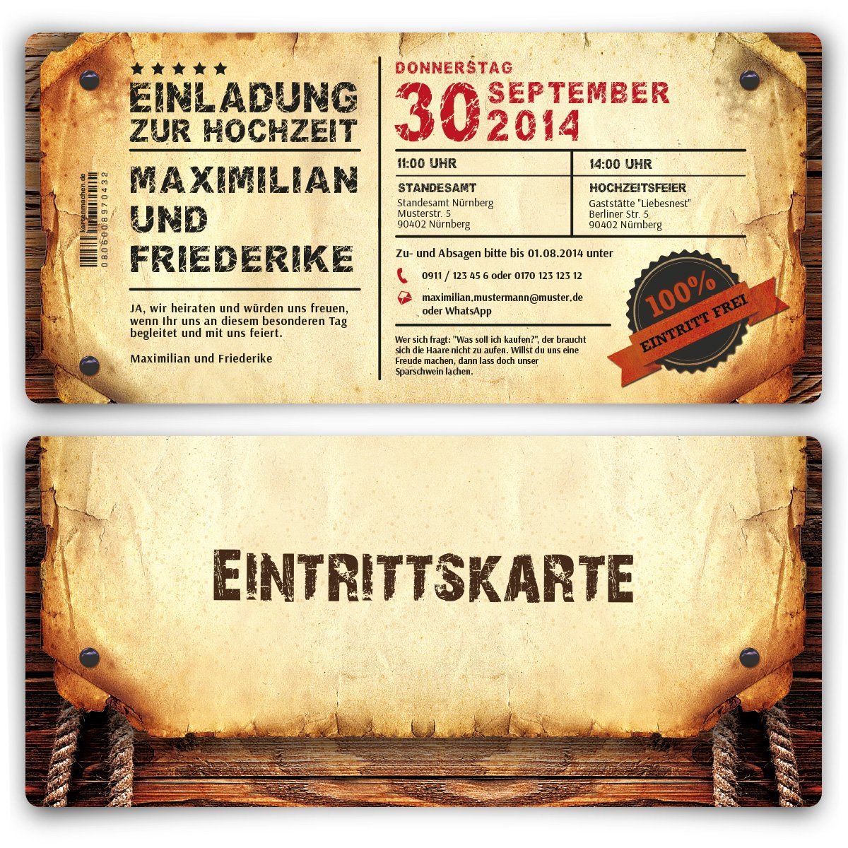 Einladungskarten zur Hochzeit (30 Stück) als Eintrittskarte im Vintage-Look Hochzeitskarten