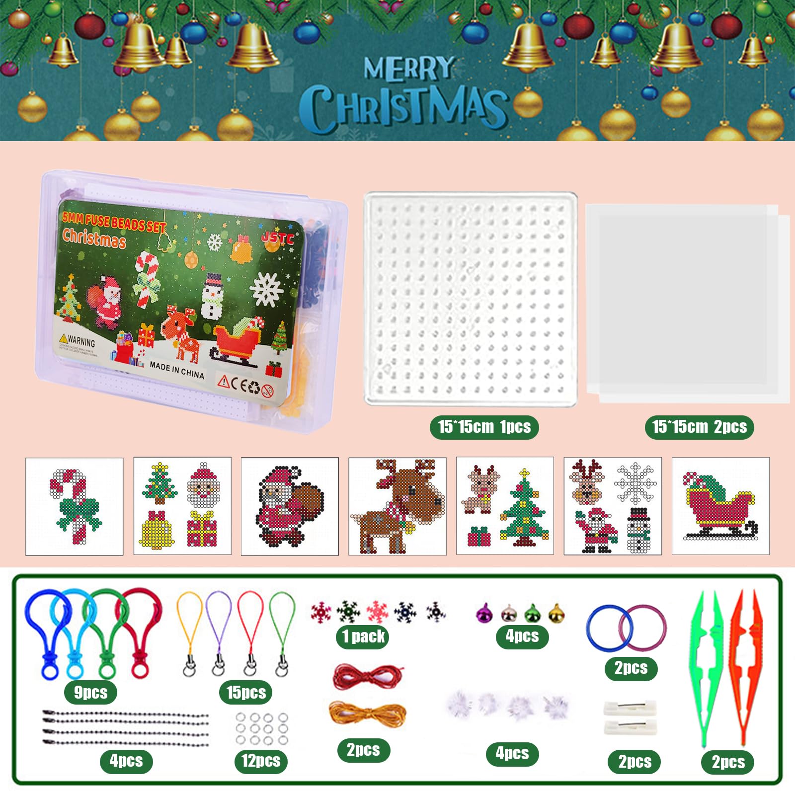 Kit 6 Perles à Repasser De Noël – Modèles Sapin, Père Noël, Renne – Activité Manuelle Enfant