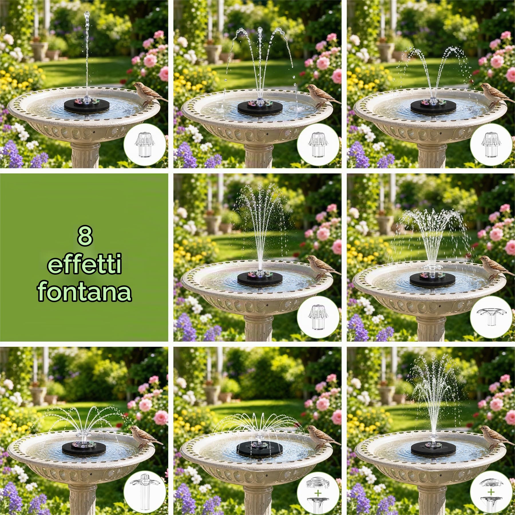 Forever Speed 8W Fontana solare a LED con Batteria 1800mAh, Fontana Solare per Piccolo Stagno, Giardino, Balcone, Pompa Dell'acqua Solare con Akku