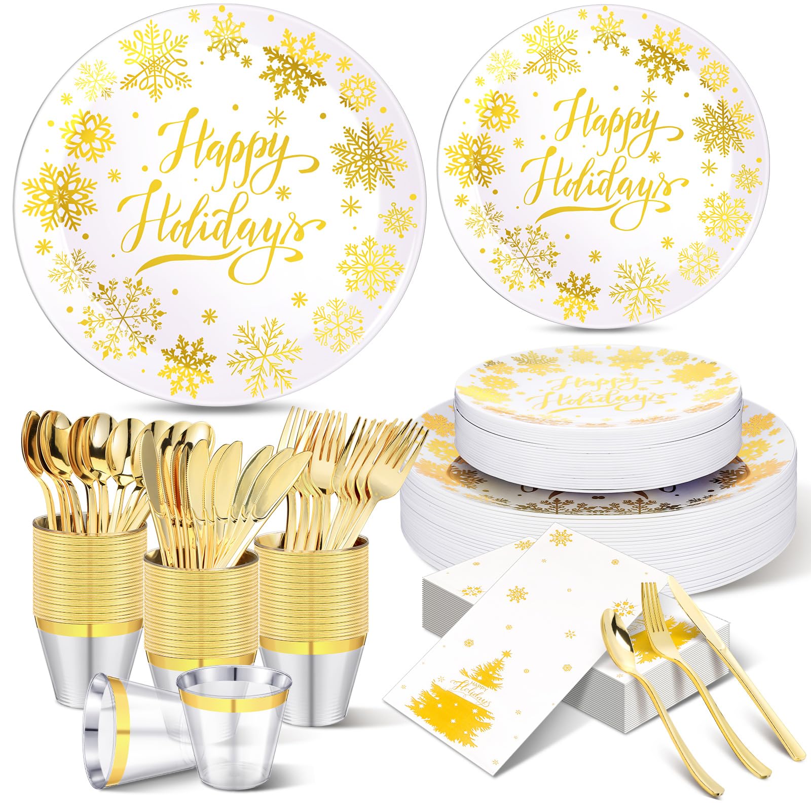 Lemosae175 Pcs Christmas Plastic Dinnerware Set White and Gold Disposable Plastic Plates with Happy Holiday Design, Gold Rim Cups Plastic Silverware Napkins for Christmas Party, Serves 25 Guests