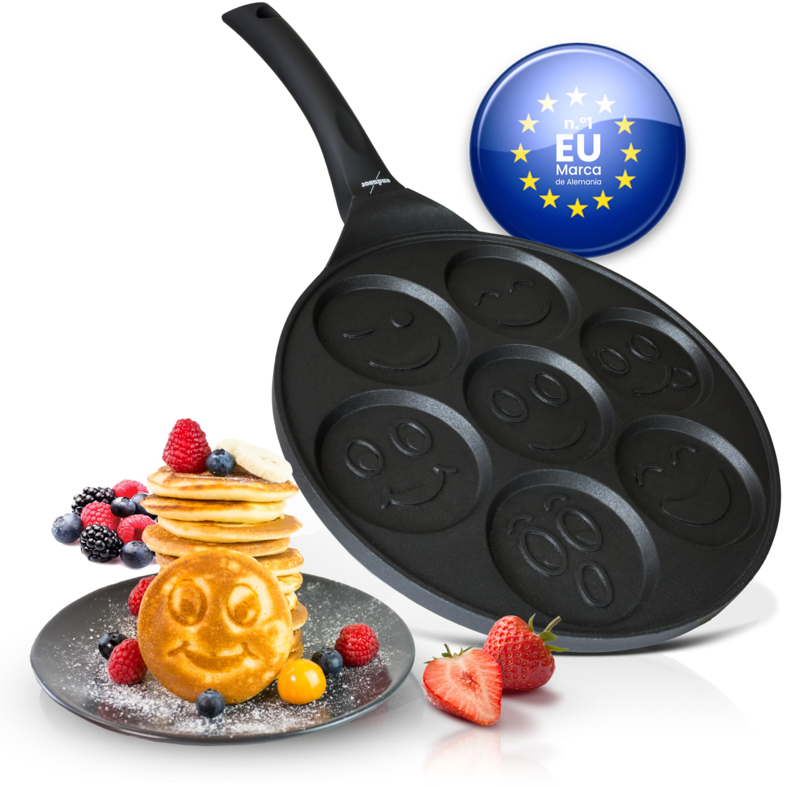 endusor Sartén tortitas y pancakes para niños con motivo smiley - Sarten 26cm con 7 hoyos y protección antiadherente - Todo tipo de cocinas e inducción - Sartén divida para panquecas tortitas