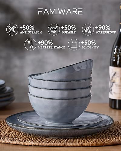 Miniatura 6 de Famiware Juego de vajilla para 4 personas, juego de platos y cuencos de cocina redondos de 12 piezas, esmalte reactivo, apto para microondas y
