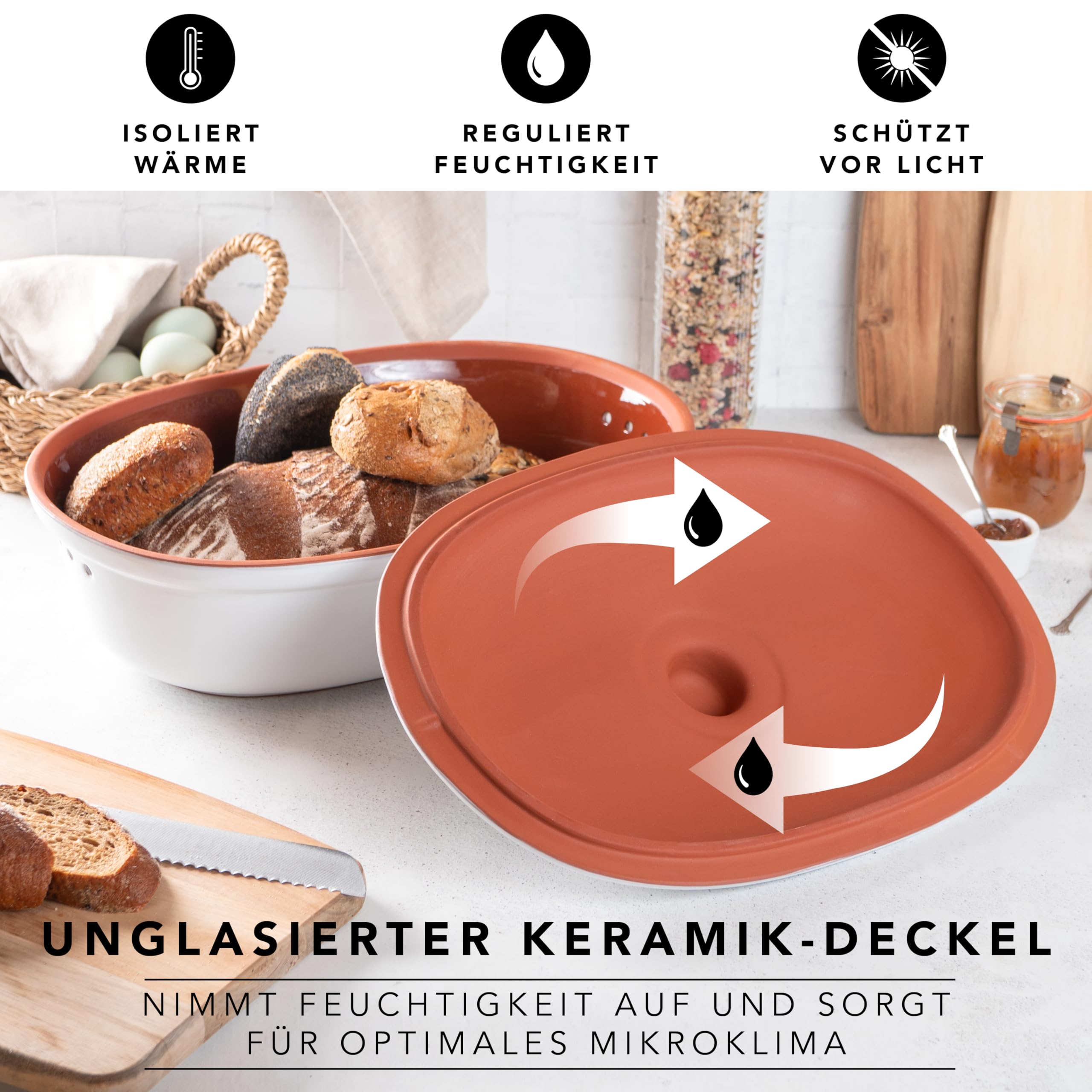 Römertopf Brottopf weiß 6,5 Liter – ovaler Brotbehälter aus natürlicher Keramik mit Deckel – zur Aufbewahrung von Brot, Brötchen, Obst & Gemüse – atmungsaktiv & spülmaschinengeeignet