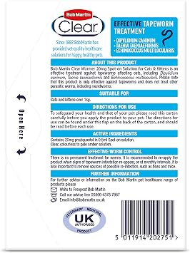 Bob Martin Clear | Spot On Wormer for Cats & Kittens | 100% Effective Tapeworm Treatment (2 Pipettes)