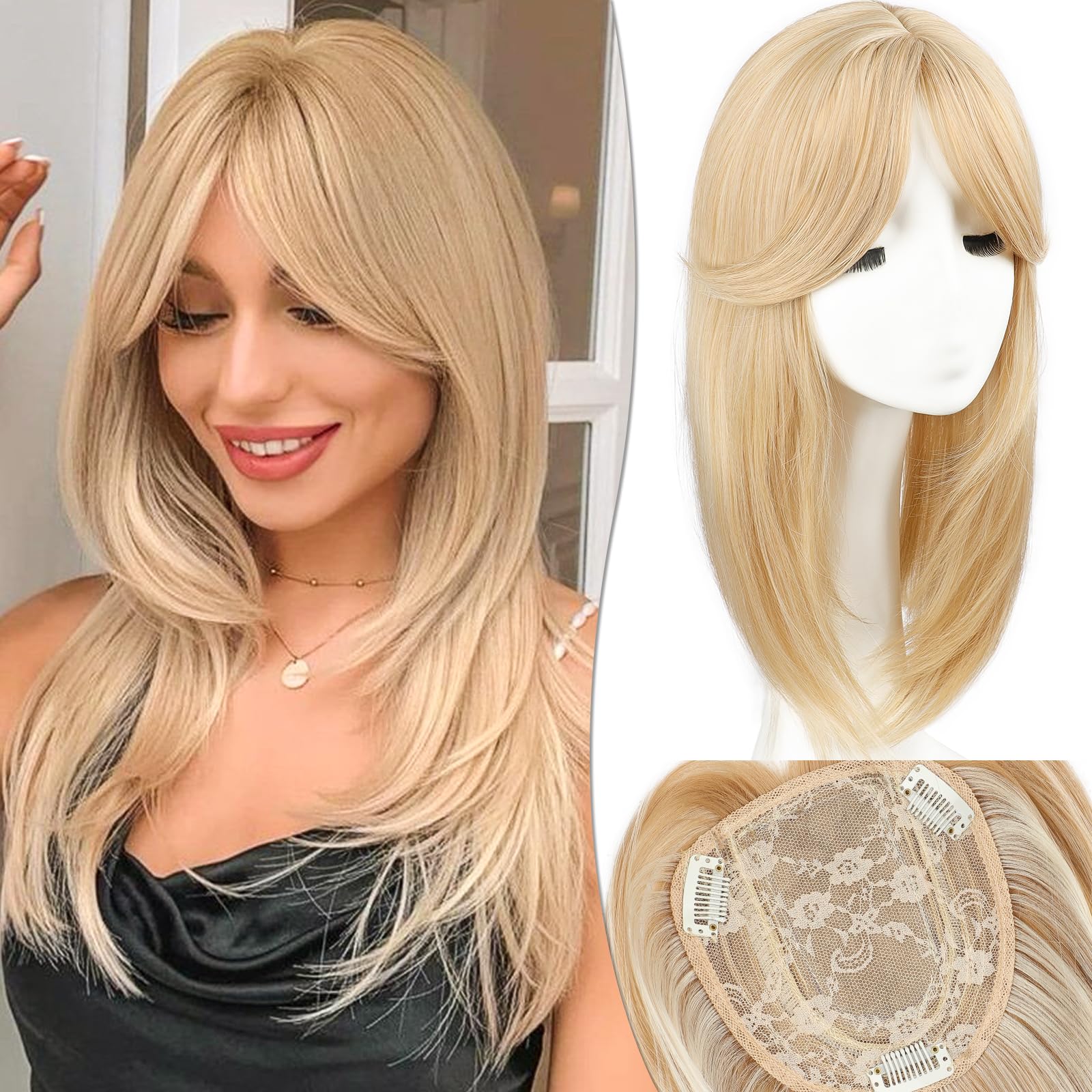Long Layered Hair Topper with Bangs for Thinning Hair 18 Inch Synthetic Amazon.com : FREEMEIGE Dark Brown Hair Toppers for Women  main image 3