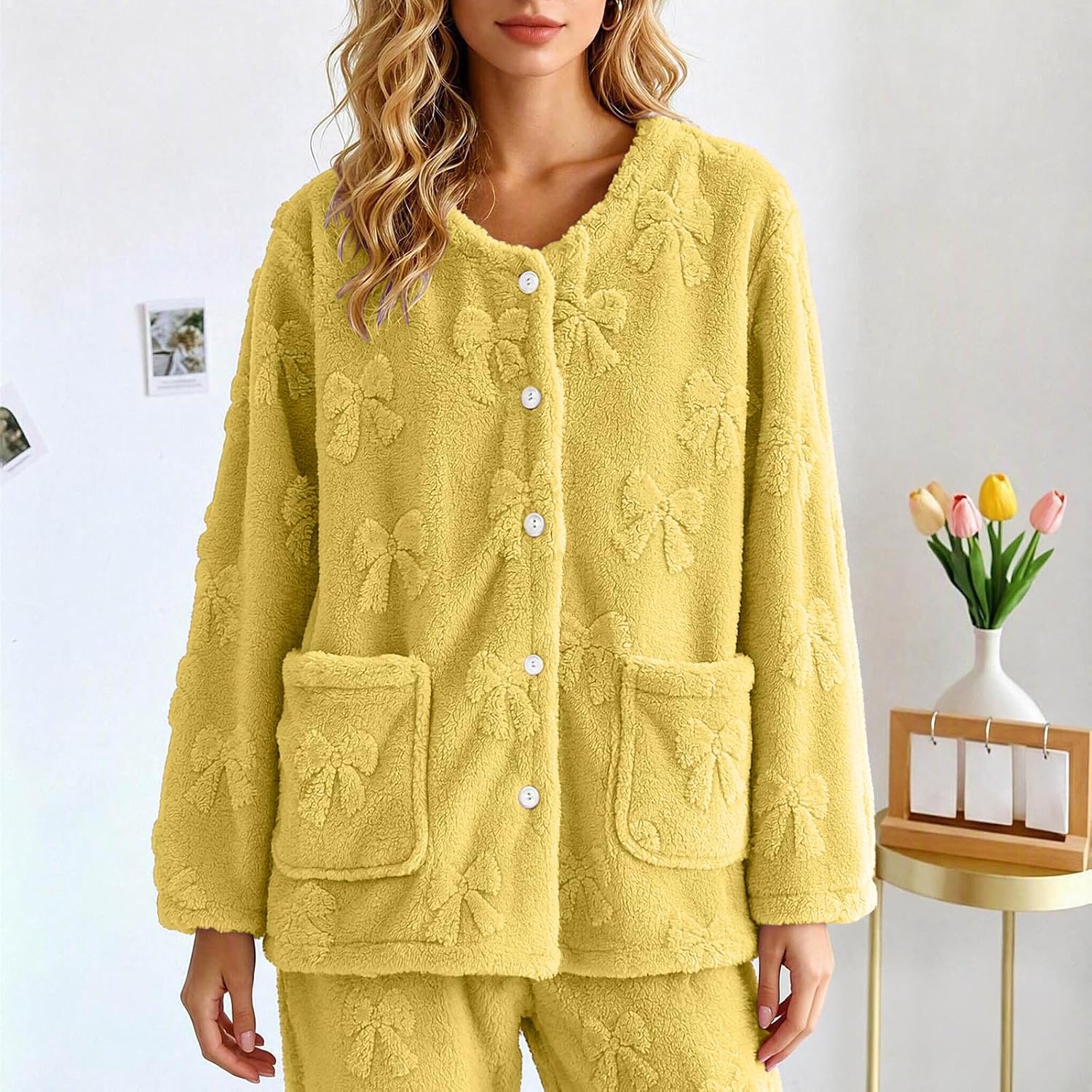 Women's Fuzzy Sherpa Fleece Sleep Top Button Long Sleeve Loungewear