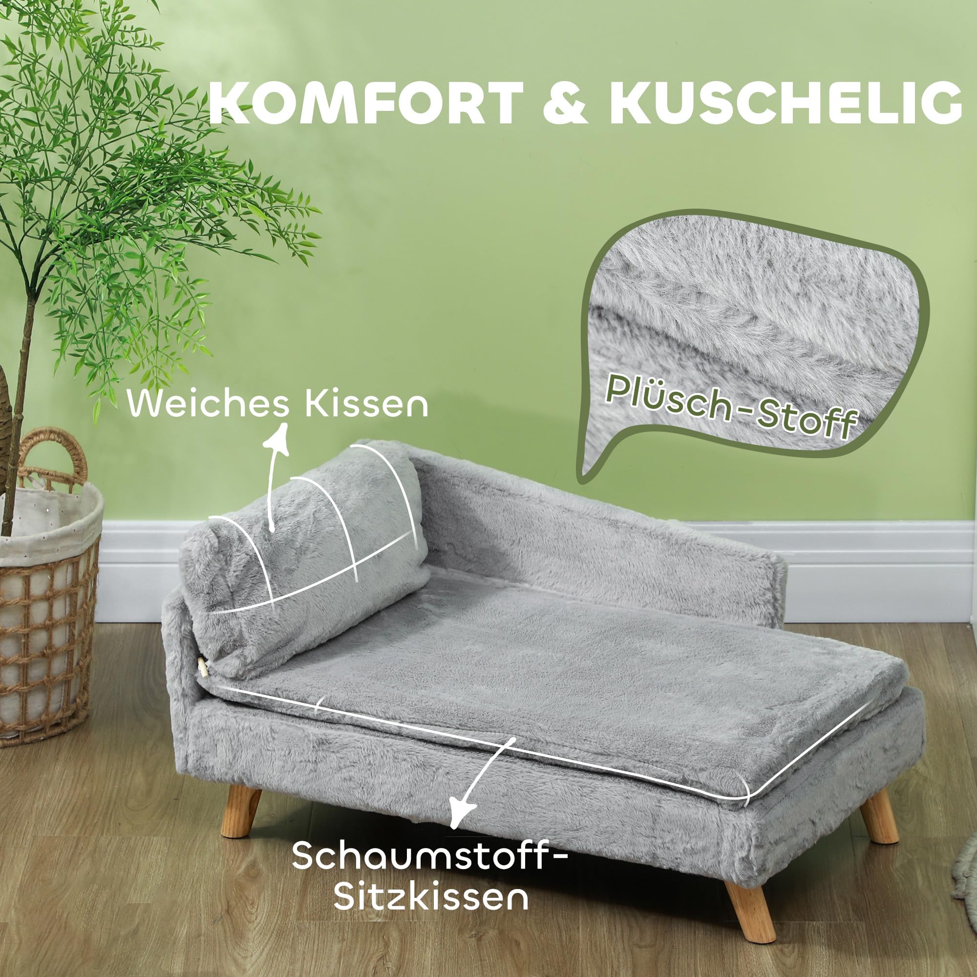 PawHut Hundesofa für mittelgroße Hunde, Hundebett mit abnehmbarem und waschbarem Kissen, Haustiersofa mit Holzbeine, mit Erhöhtem Design, 20 kg, Hellgrau