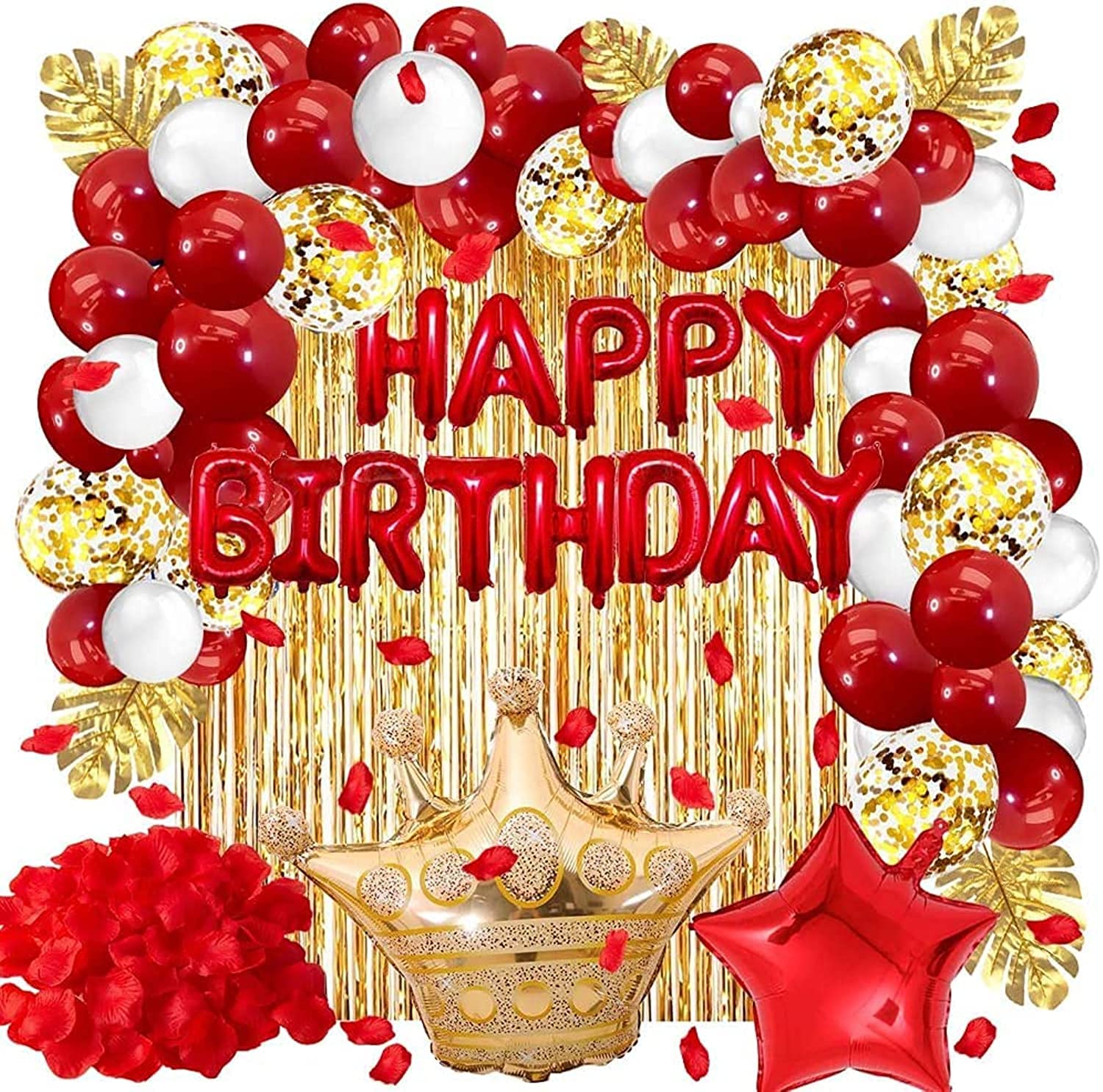 Birthday Party Decorations Set for Men Women Boys Girls, Happy Birthday Balloons, Banner, Curtains, Ribbons, tassel Foil Confetti Balloons for Party Decor supplies (Red Gold)