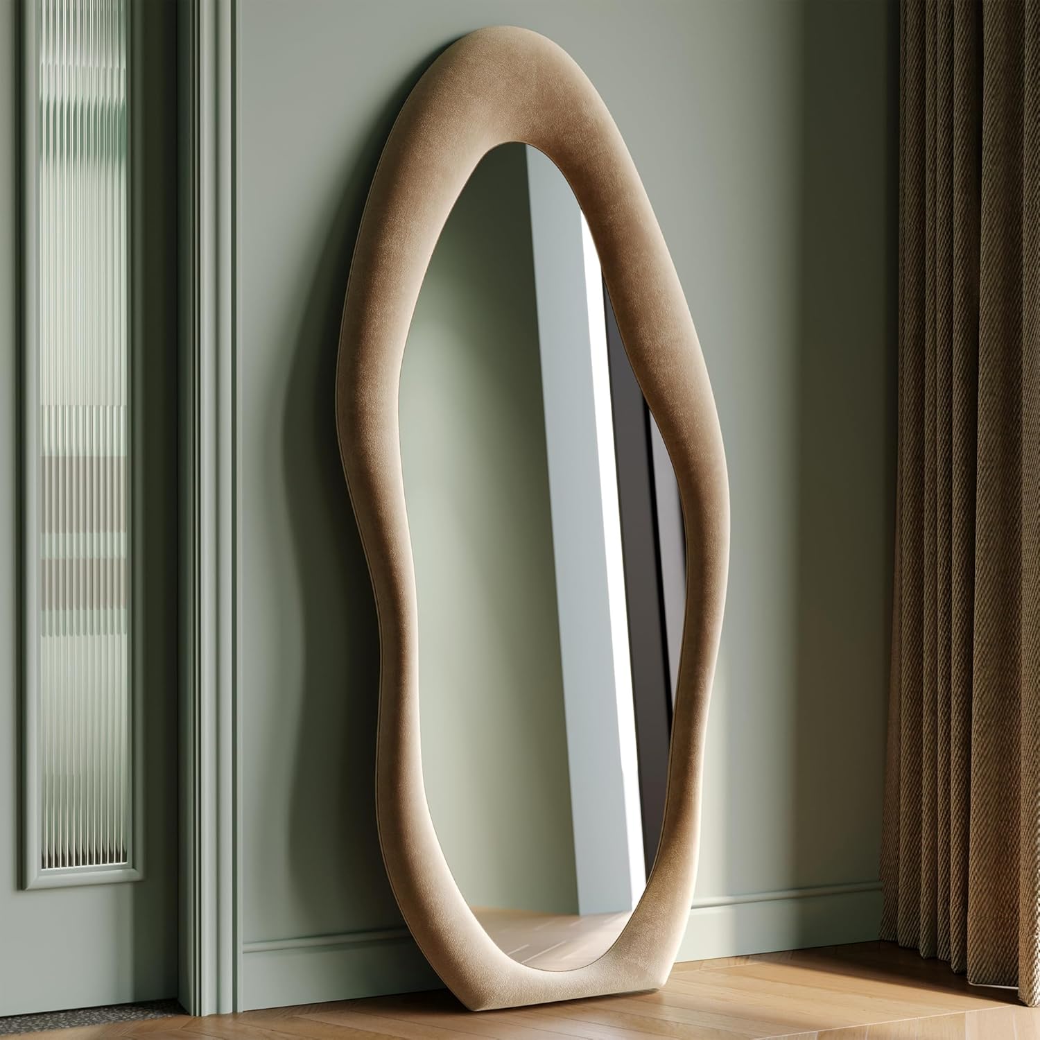 Honyee Full Length Mirror, 63″ x 24″ Wall Mirror, Flannel Wrapped Wooden Frame Floor Mirror, Irregular Wavy Mirror Hanging or Leaning Against Wall for Cloakroom/Bedroom/Living Room, Milk Tea