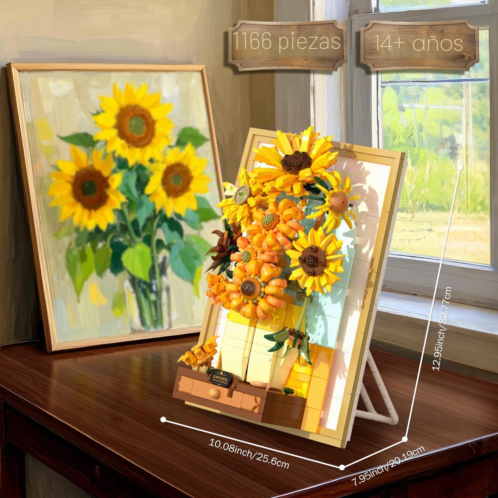 Conjuntos de bloques de construcción Brihappen, juguetes de construcción de pintura de girasoles de Van Gogh con luz sensora, 1166 piezas de arte mural 3D enmarcado para adultos, kit de modelo DIY