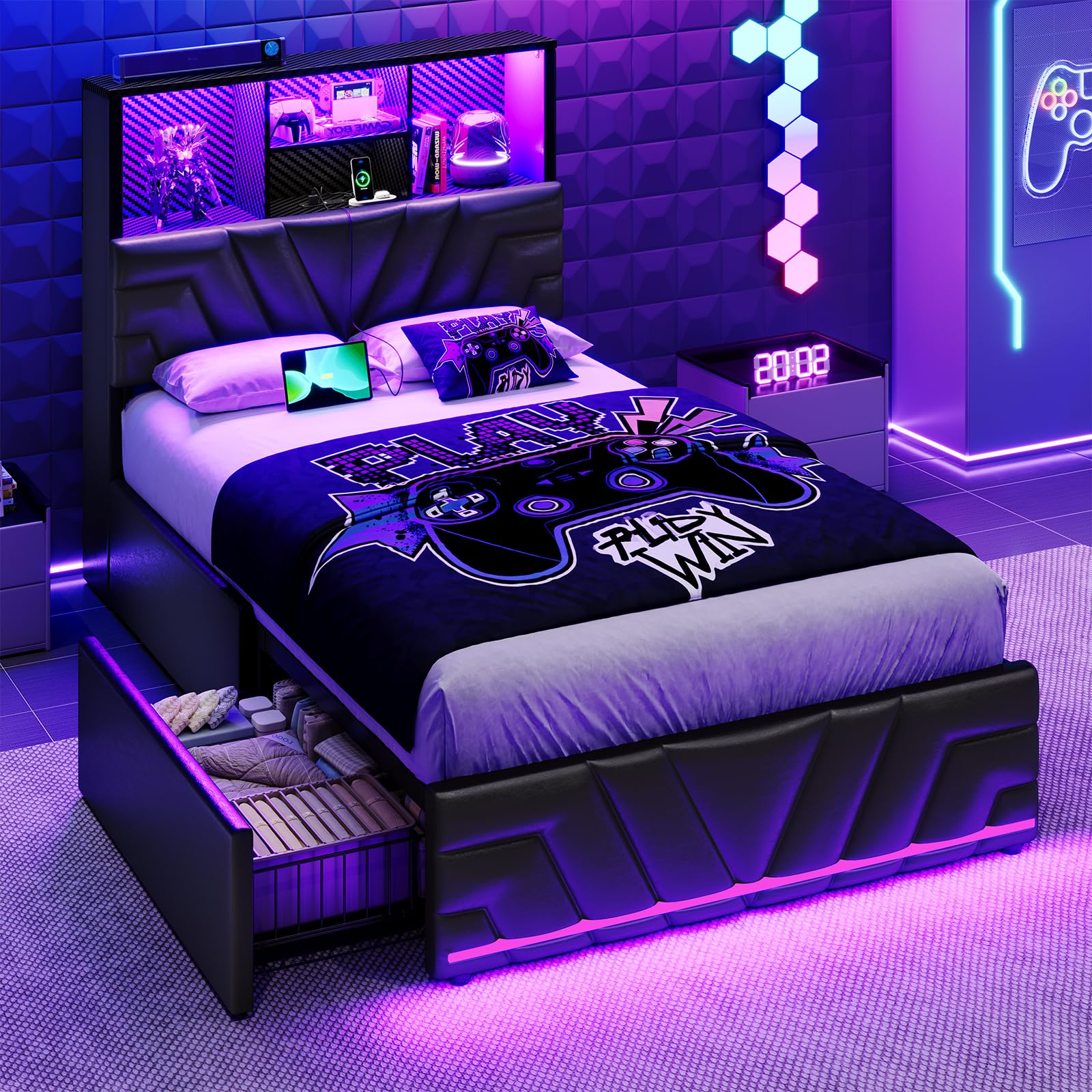 DICTAC Twin Bed Frames with 4 Drawers and Storage Headboard, Gaming Bed with RGB Lights and Charging Station, Esports-Style Bed, Leather Upholstered Platform Bed, No Box Spring Needed, Black