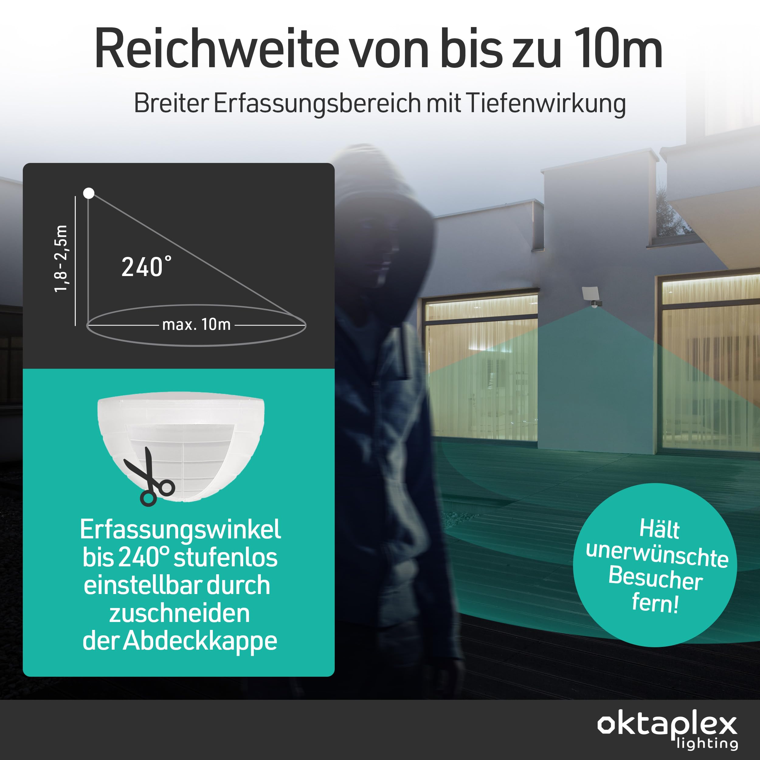 Oktaplex Cali Außenlampe mit Bewegungsmelder 2200lm warmweiß 3000K | Außenstrahler anthrazit IP65 Master Funktion
