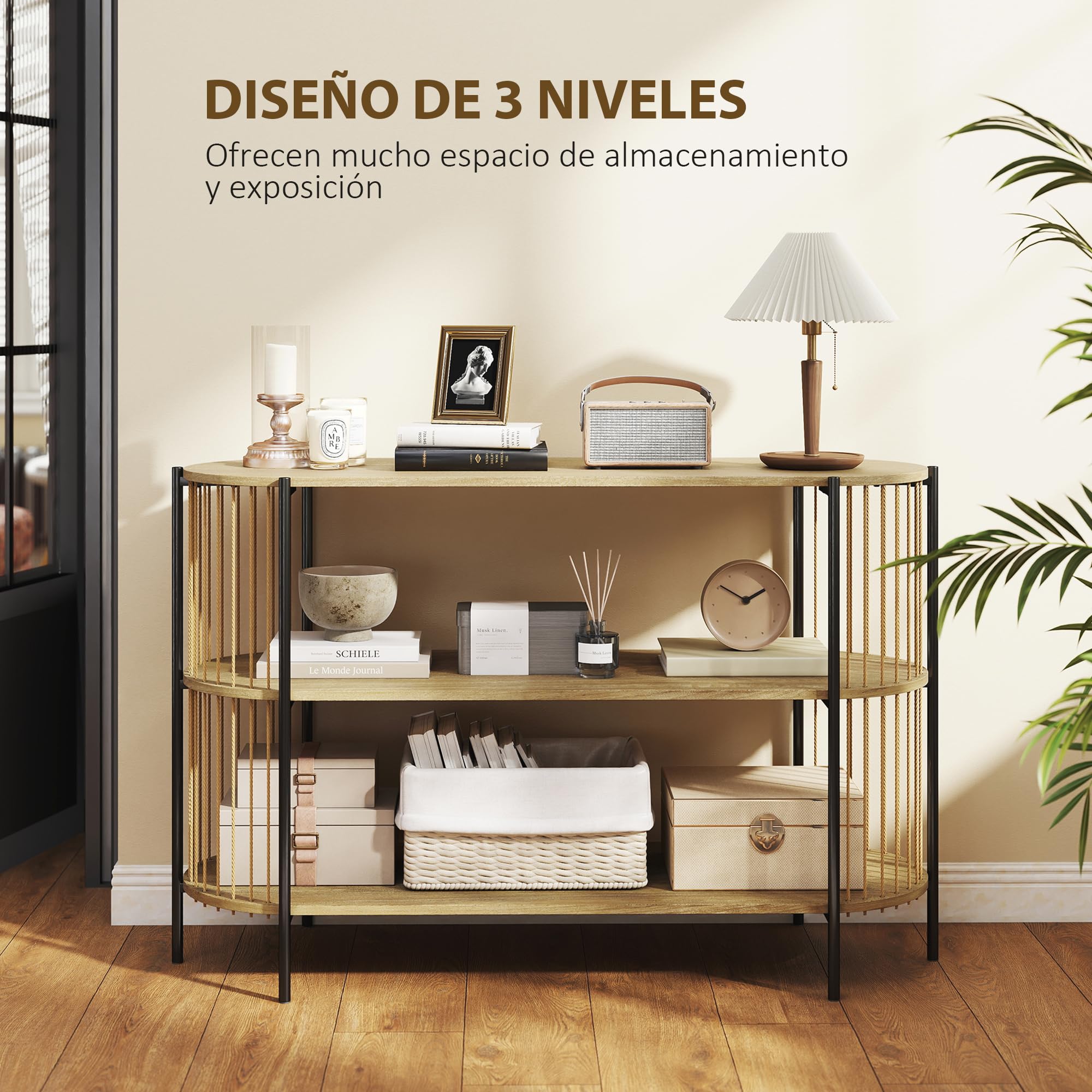 HOMCOM Mesa de Consola Consola Recibidor 124x43,5x80 cm Natural | Cuerda de Papel Trenzada a Mano, 3 Niveles, Marco de Acero, Estilo Bohemio, para Entrada Sala de Estar
