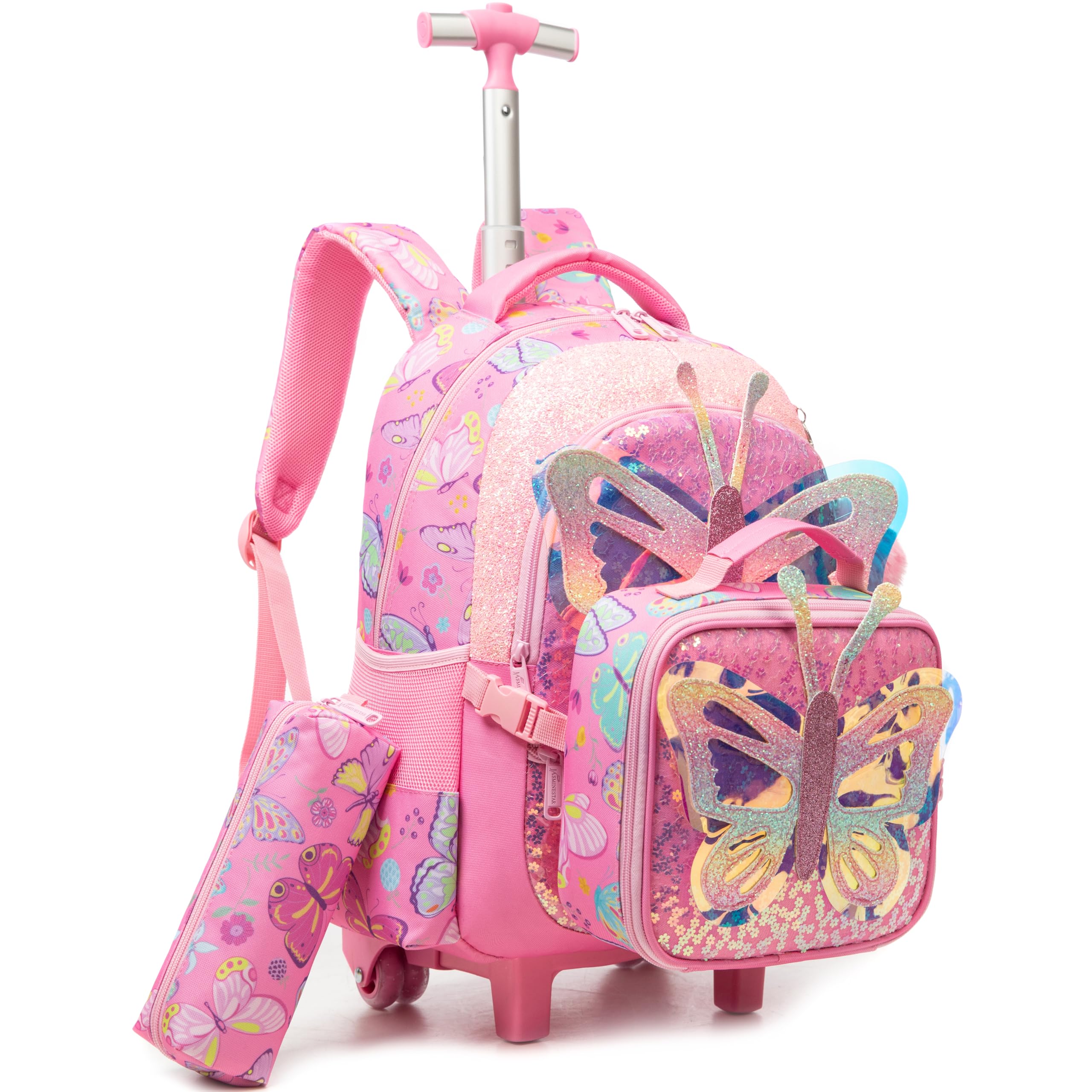 Meetbelify Rolling Backpack for Girls Backpacks with Wheels for Elementary Preschool Students 3 in 1 Carry on Travel Luggage Kids Suitcase with Lunch