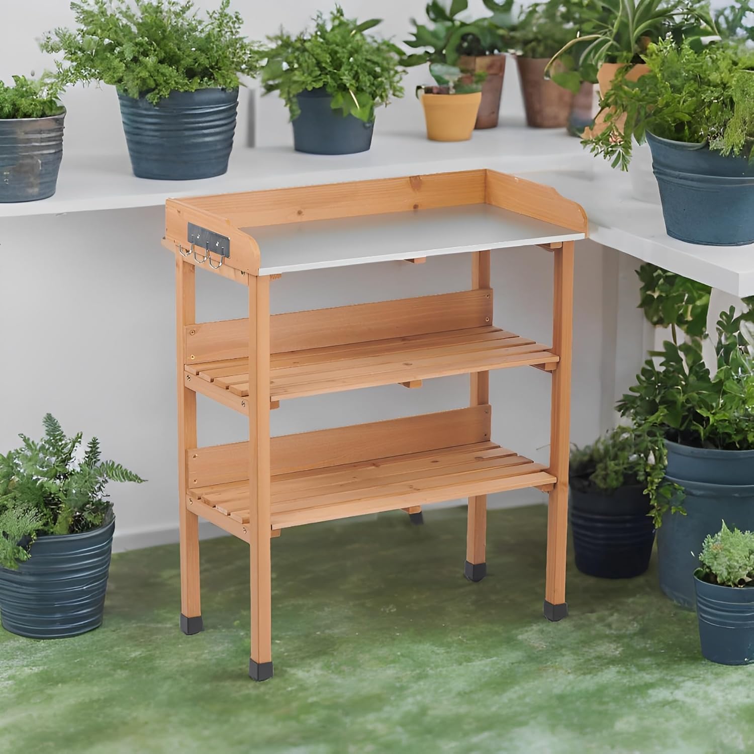 3-Tier Potting Table&Bench Set,Outdoor Potting Benches&Tables with Metal Tabletop, Built-In Hooks for Gardening Tools,Perfect as Outdoor Plant Stand & Garden Bench-Potting Tables (Light Brown, medium)