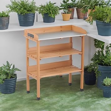 Solid Wood Outdoor Garden Potting Bench Table, 3-Tier Heavy Duty Workstation for Gardening Potting Planting, Sturdy Work Table with Storage Shelves Hooks for Patio Backyard Greenhouse Garage Workshop