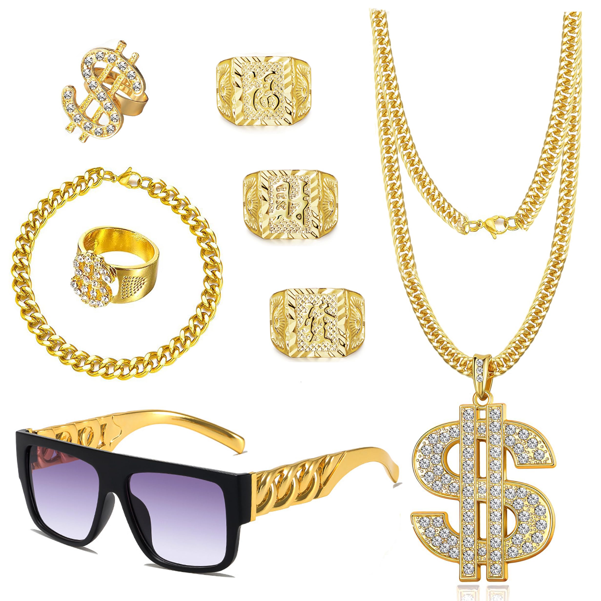 GIFIKOI80s 90s Hip Hop Costume Outfit Kit Fake Gold Bracelet Dollar Sign Necklace Kanji Ring Sunglasses Rapper Costume Accessories Set, Metal, Cubic Zirconia
