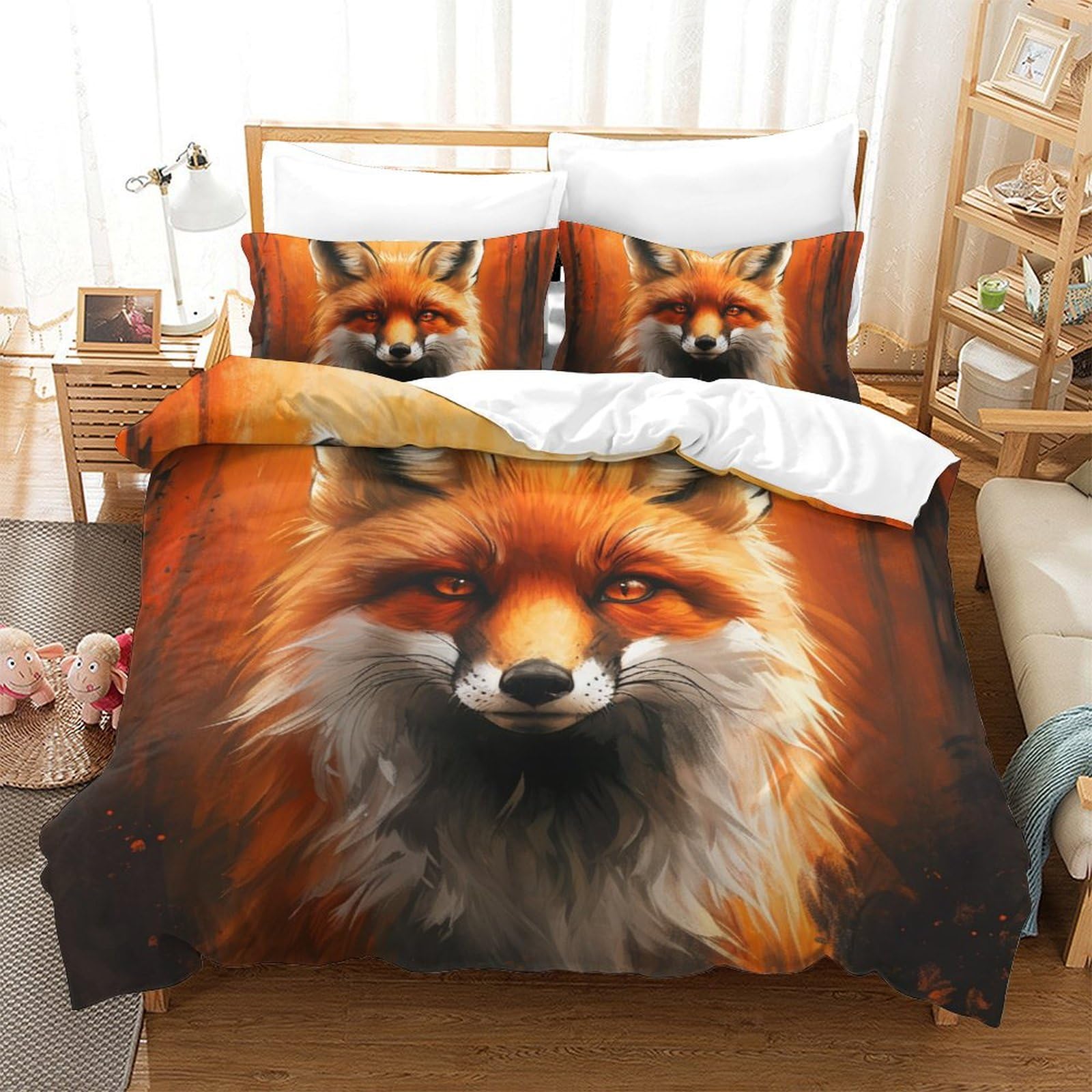 Housse de couette imprimé 3D renard de la jungle en microfibre ultra douce de taille 200x200