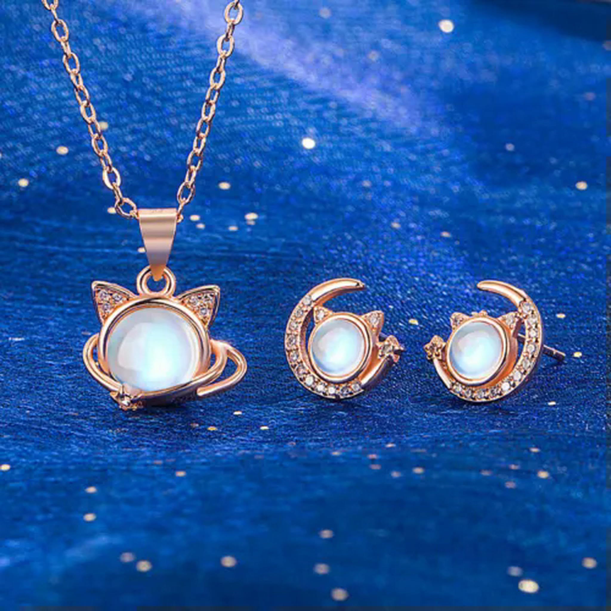 ISCBAFYX Damen 925 Silber Mondstein Katze Mond Halskette Ohrringe Sets Schmuck-Roségold