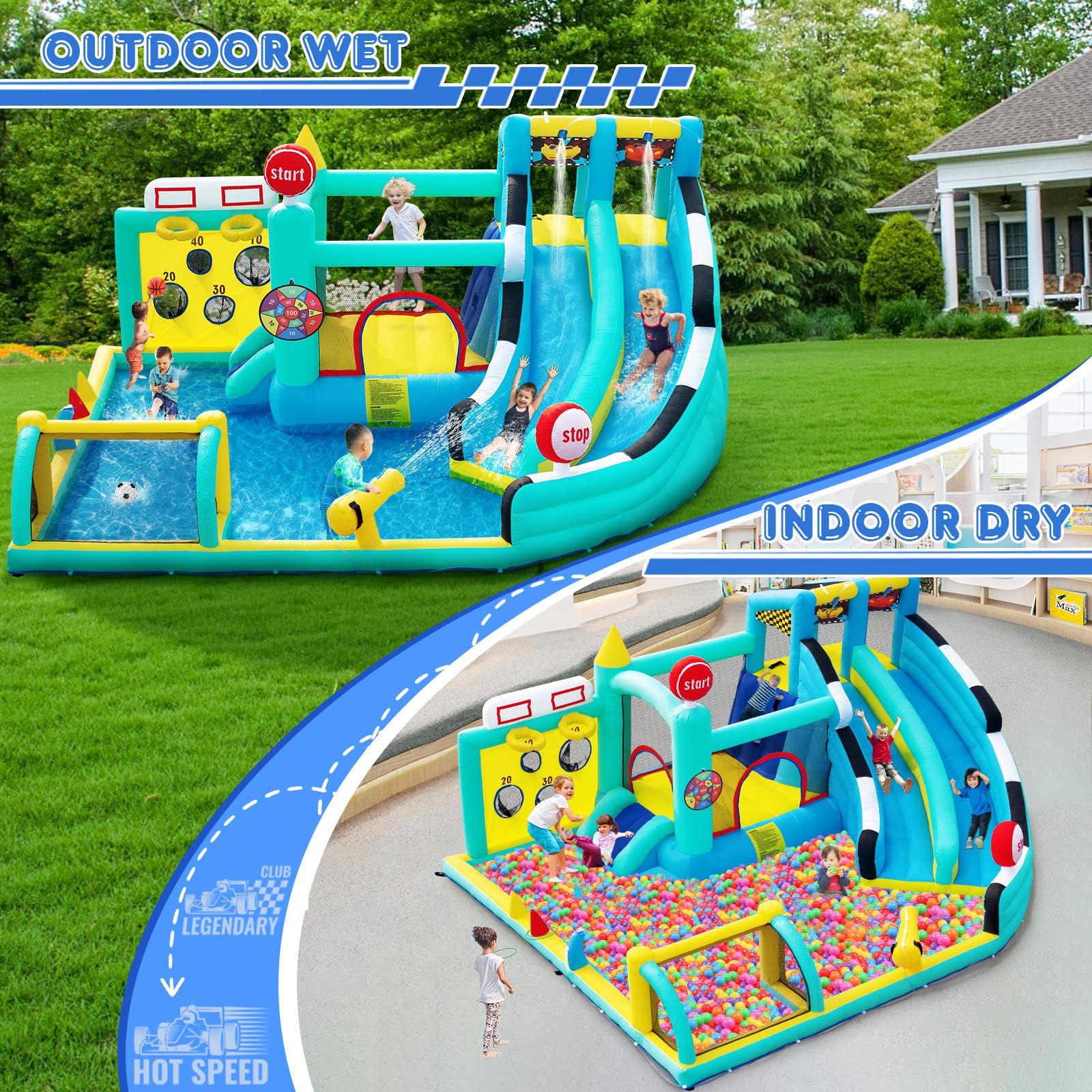 Castello Gonfiabile Grande per Bambini con Acquatico Scivolo, Piscina, Pareti Arrampicata, Trampolino, Canestro da Basket per Interno Giardino Esterno, 470×400×220cm