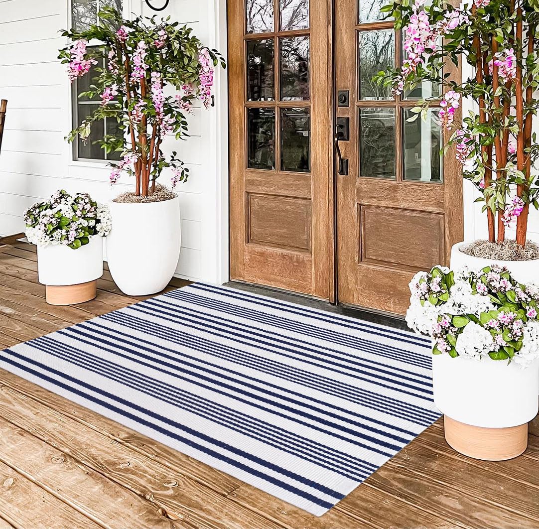Tappeto per esterni blu e bianco, 9 x 1,5 m, in cotone intrecciato, lavabile, per portico, cortile, soggiorno