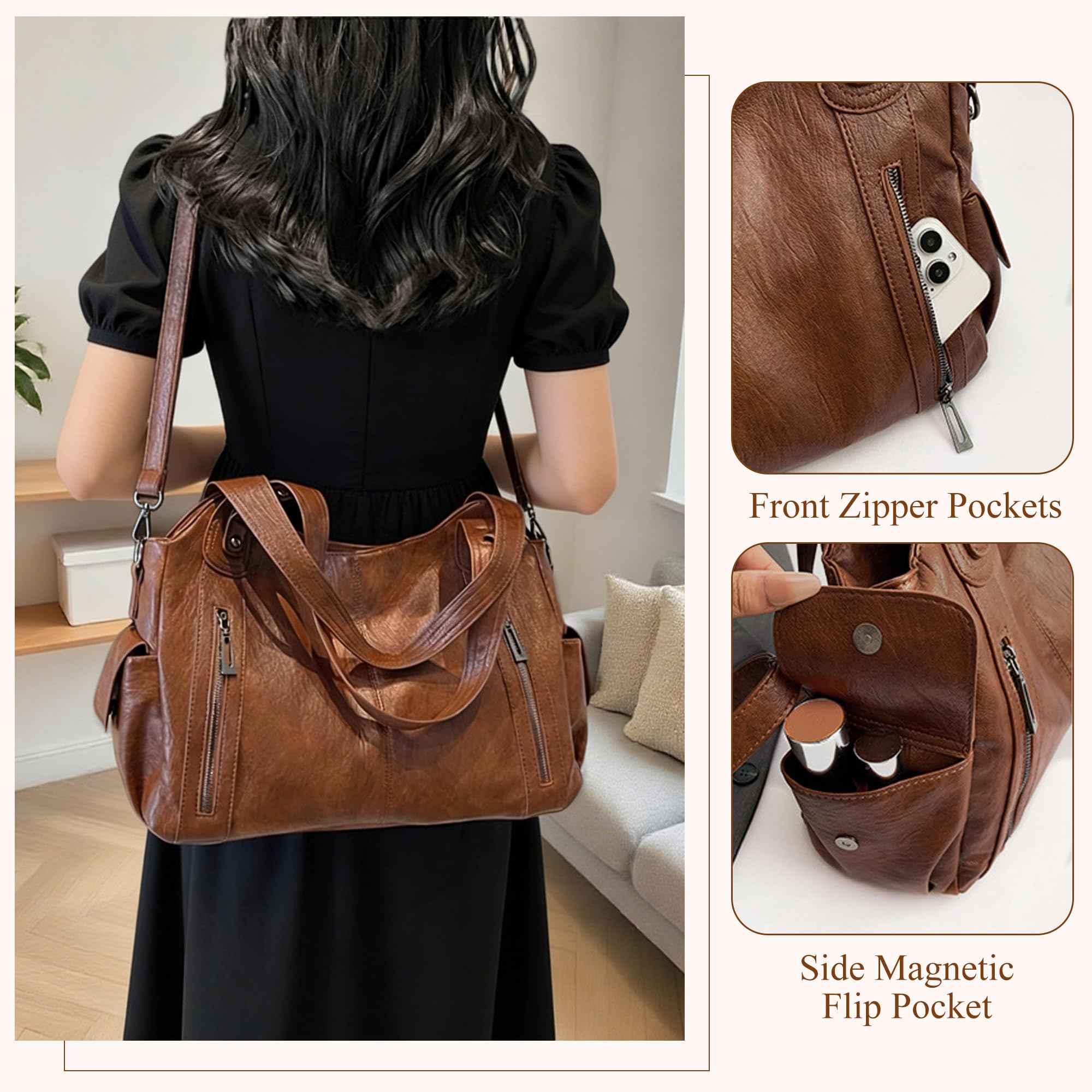 Bolso Bandolera Mujer PU Gran Capacidad Tote Shopper Bolso Hombro Grande Clásico Vintage Elegante Bolso Mano Ajustable Para Oficina Universidad Trabajo Diario