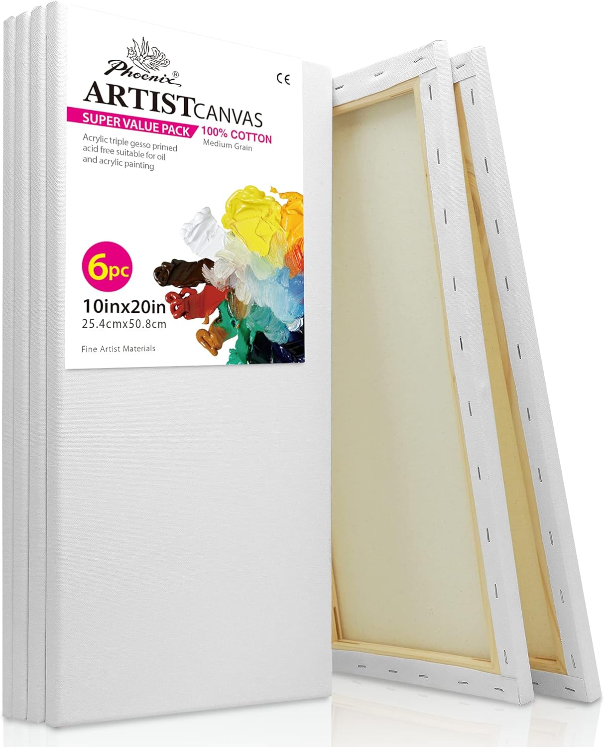 PHOENIX Long Stretched Canvas for Painting 10x20 Inch/6 Value Pack, 8 Oz Triple Primed 5/8 Inch Profile 100% Cotton White Blank Canvas, Rectangular Framed Canvas for Oil Acrylic & Pouring Art 10"x20" Studio Set (8 Oz.)