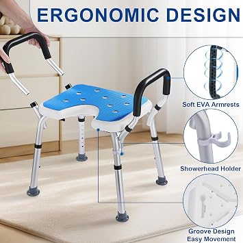 Shower Stool Height Adjustable U-shaped Shower Chair, Bath Shower Seat for Elderly Disabled Pregnant, Non-slip Bath Stool with Padded Armrests, 330 Lbs Capacity
