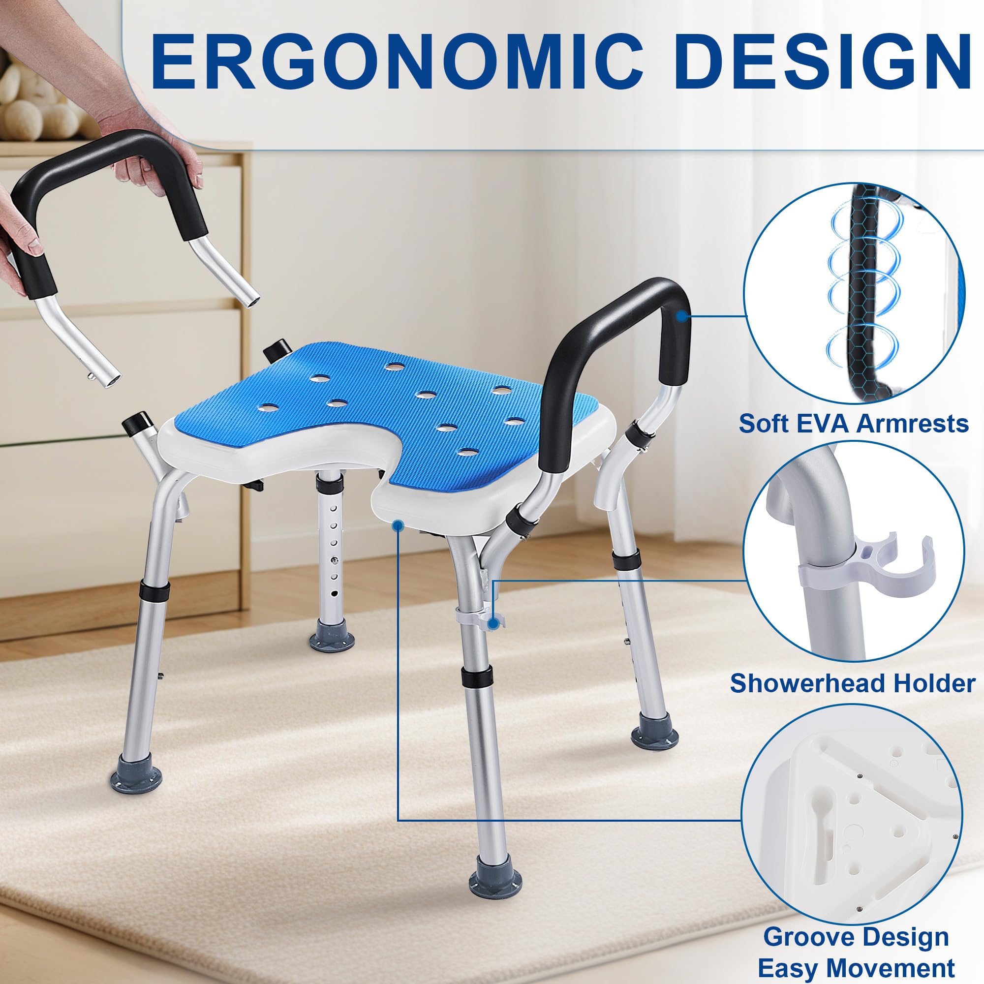 Sedia per Doccia con Braccioli Altezza Regolabile 39-52.5 cm, Sgabello Doccia Forma a U Antiscivolo per Anziani Disabili Sedile Sgabello da Bagno in Alluminio portata fino a 150 kg