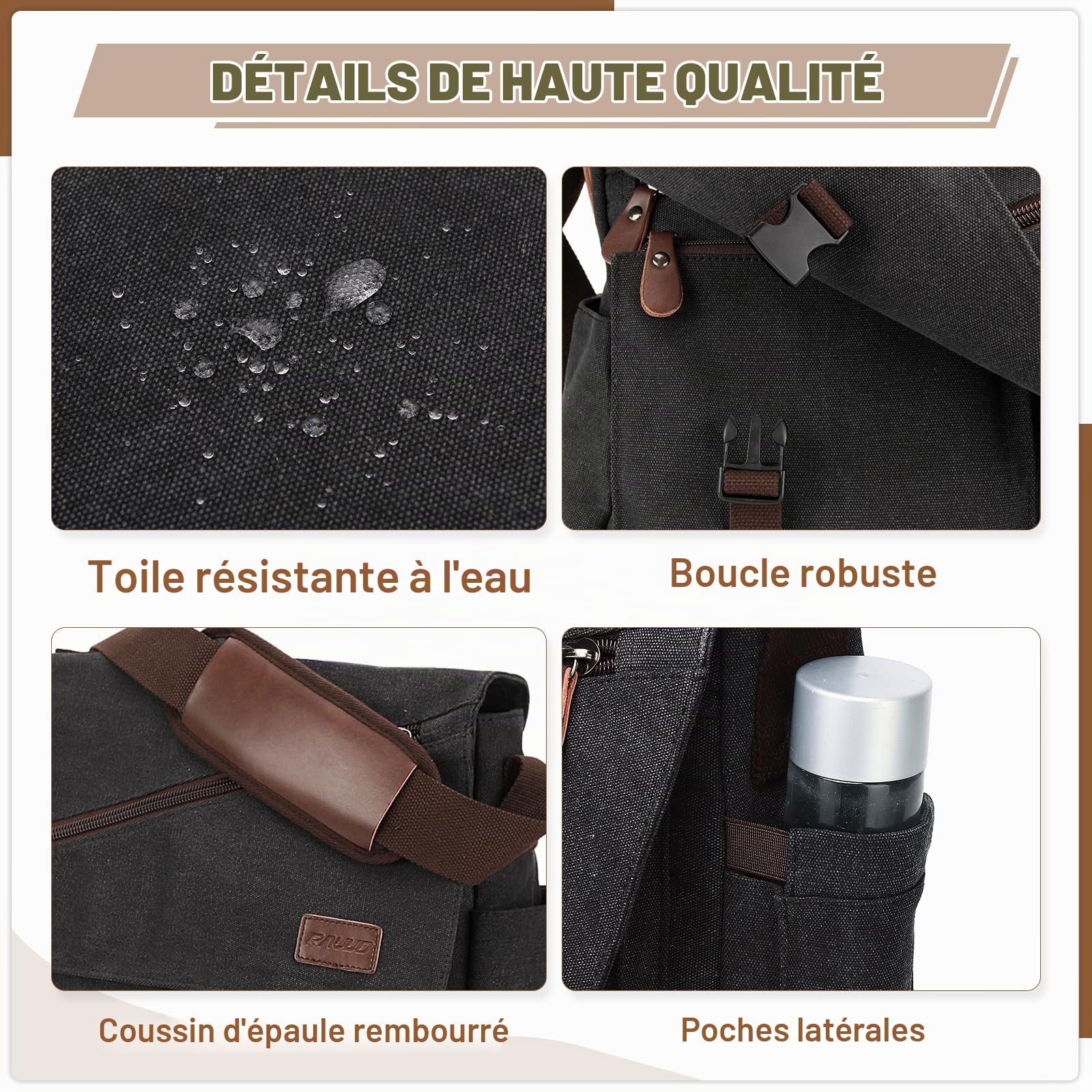 RAVUO Sac Bandoulière Homme,Résistant À L'eau Sacoche Pc Portable 14 Pouces Sac A Main Homme En Toile Pour Travail Business L'École Collège