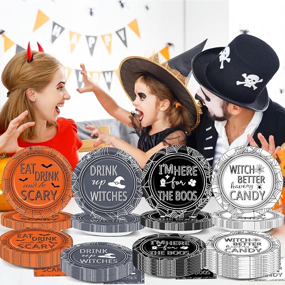 96 Pcs Halloween Party Decorations Halloween Paper Plates and Napkins Halloween Party Supplies Drink up Witches Hat Little Scary Spiderweb Boo Tableware Set for Halloween Disposable Decorations