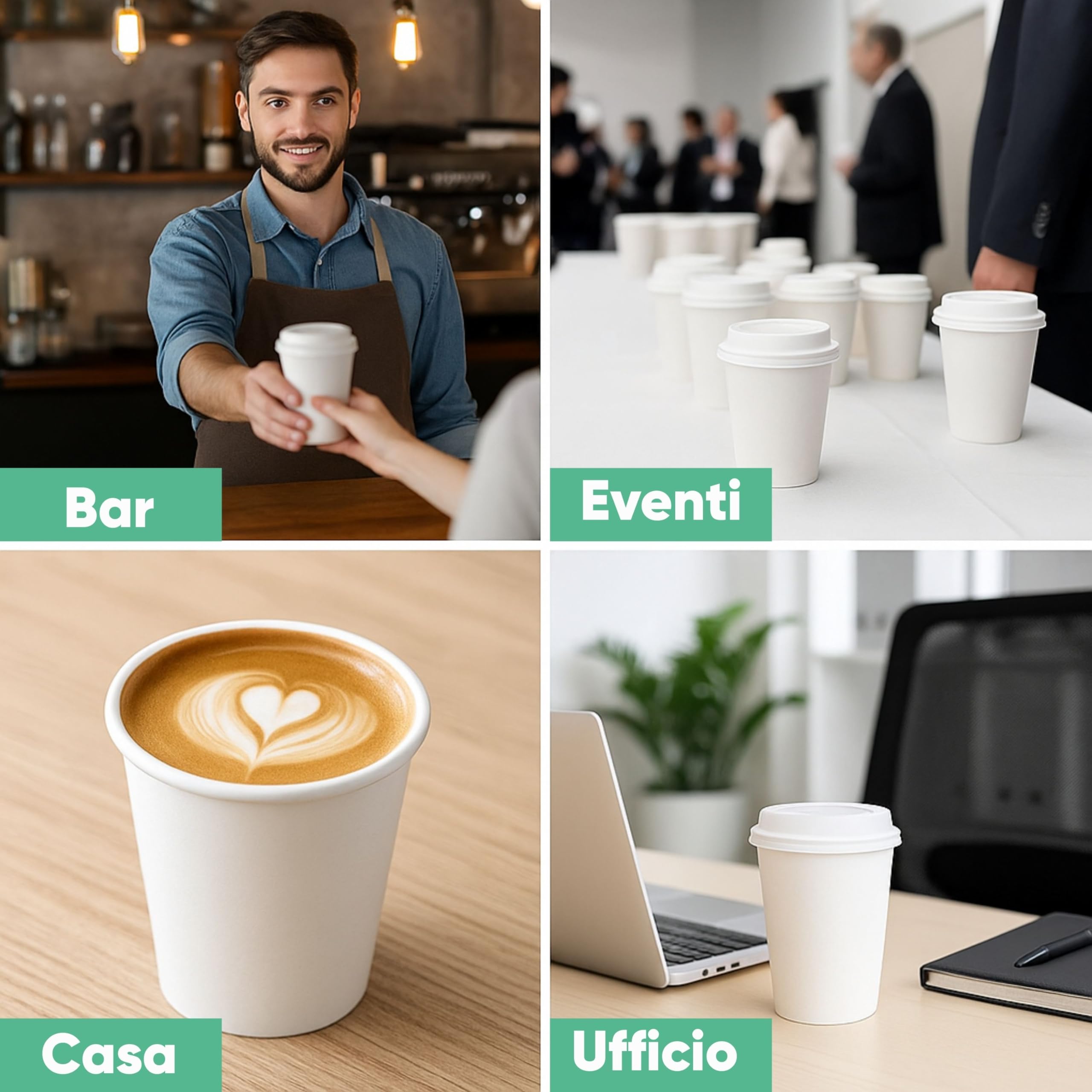 500 Bicchieri di Carta con Coperchio di Plastica da 360ml - Per Caffè Lungo, Espresso, Ginseng, Acqua o Cocktail - Adatti all'Uso Domestico, e Attività, Bianchi